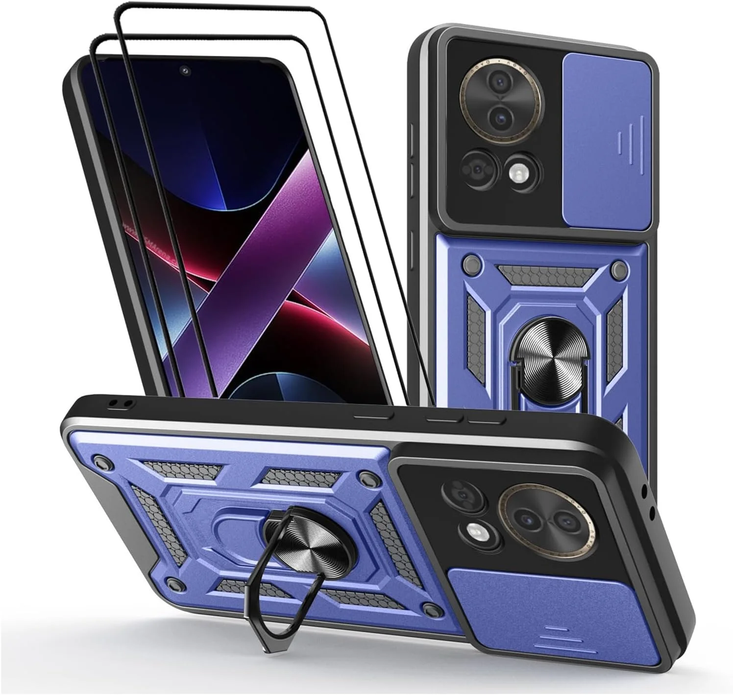 قاب محافظ گوشی CNPUTAO برای هوآوی نوا ۱۳ 5G با پوشش کشویی دوربین، پایه استند و محافظ صفحه نمایش شیشه ای حرارت دیده [۲ عدد]، محافظت ضد ضربه درجه نظامی، آبی