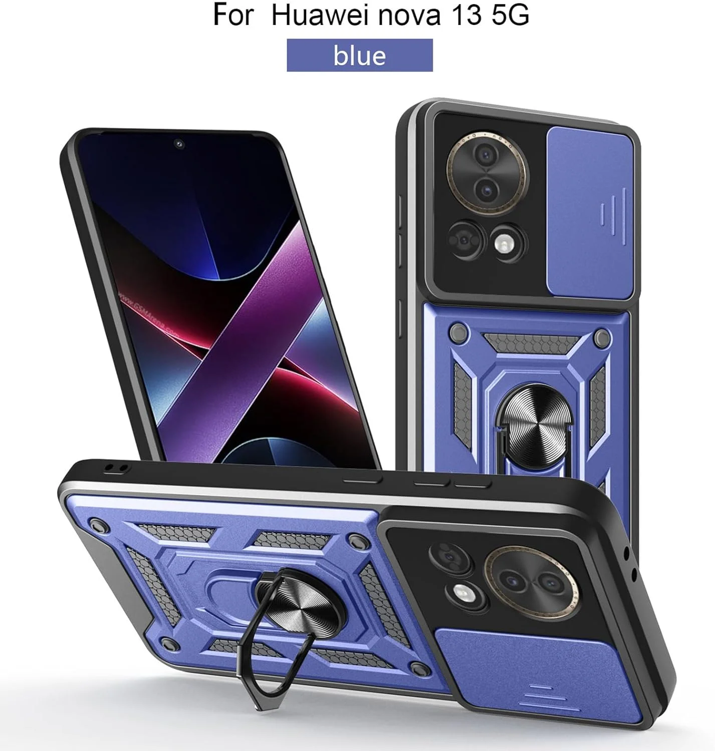 قاب محافظ گوشی CNPUTAO برای هوآوی نوا ۱۳ 5G با پوشش کشویی دوربین، پایه استند و محافظ صفحه نمایش شیشه ای حرارت دیده [۲ عدد]، محافظت ضد ضربه درجه نظامی، آبی