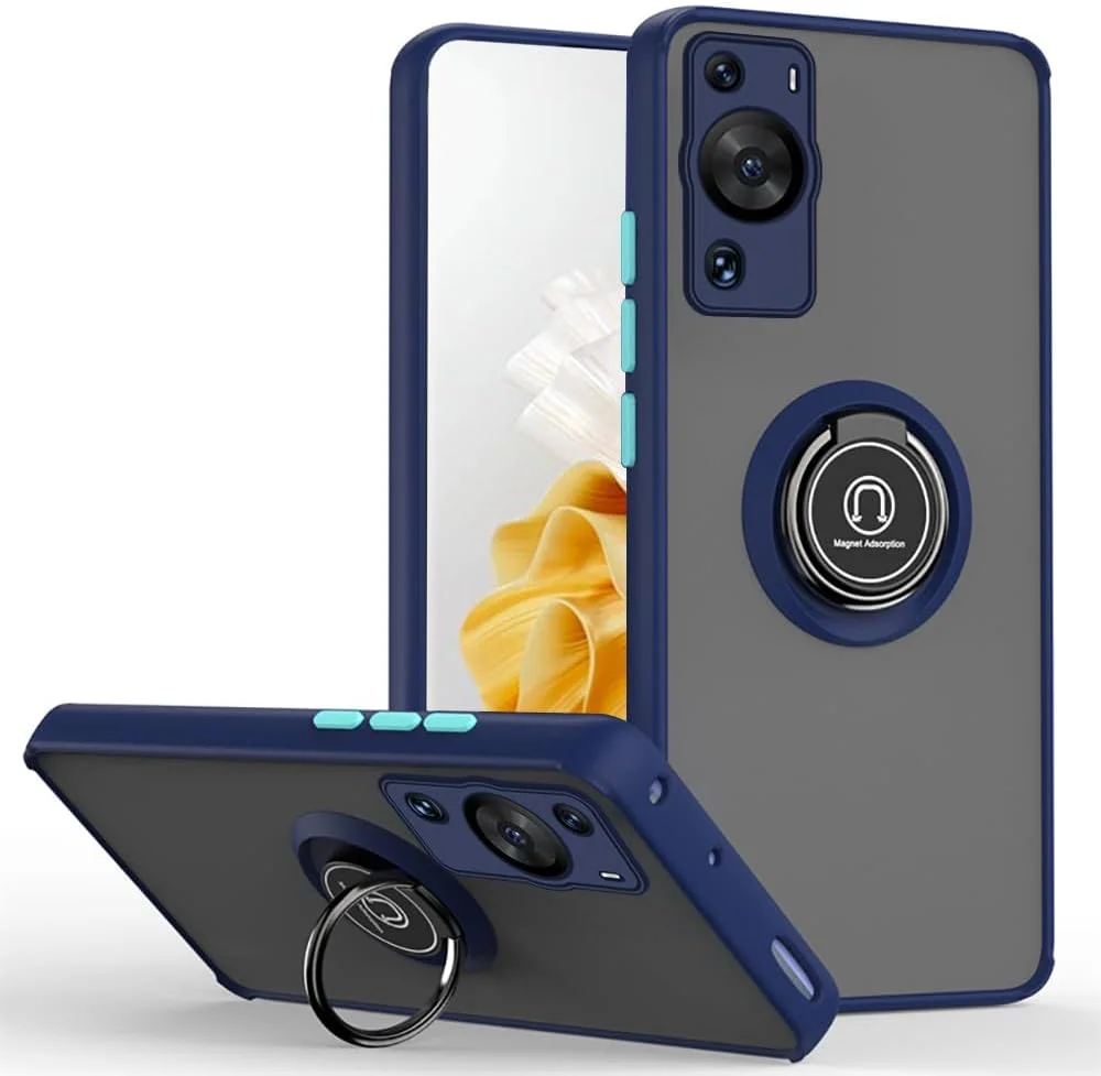 قاب محافظ گوشی هواوی P60 / هواوی P60 پرو، محافظت از دوربین، نازک، نیمه شفاف، ضد ضربه، پوشش پشتی مات با حلقه مغناطیسی چرخان 360 درجه مناسب برای هولدر ماشین، مخصوص هواوی P60/P60 پرو (آبی)