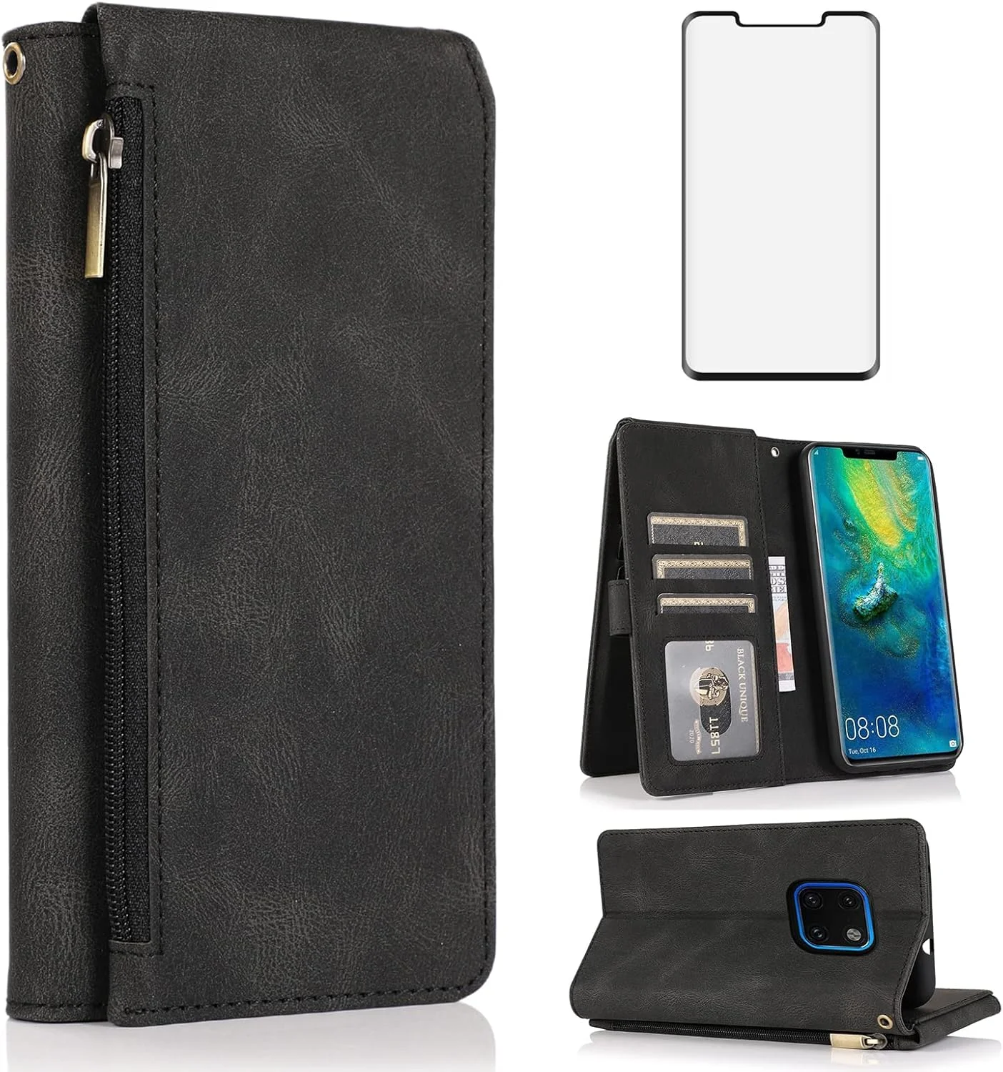 کیف پول چرمی سازگار با هوآوی میت 20 پرو، محافظ صفحه نمایش شیشه ای حرارت دیده، کاور تاشو زیپ دار، جا کارتی، پایه نگهدارنده، لوازم جانبی تلفن همراه برای هوآوی میت 20 پرو میت 20، 20 پرو، مناسب بانوان و آقایان - مشکی کیف پول چرمی سازگار با هوآوی میت 20 پرو، محافظ صفحه نمایش شیشه ای حرارت دیده، کاور تاشو زیپ دار، جا کارتی، پایه نگهدارنده، لوازم جانبی تلفن همراه برای هوآوی میت 20 پرو میت 20، 20 پرو، مناسب بانوان و آقایان - مشکی