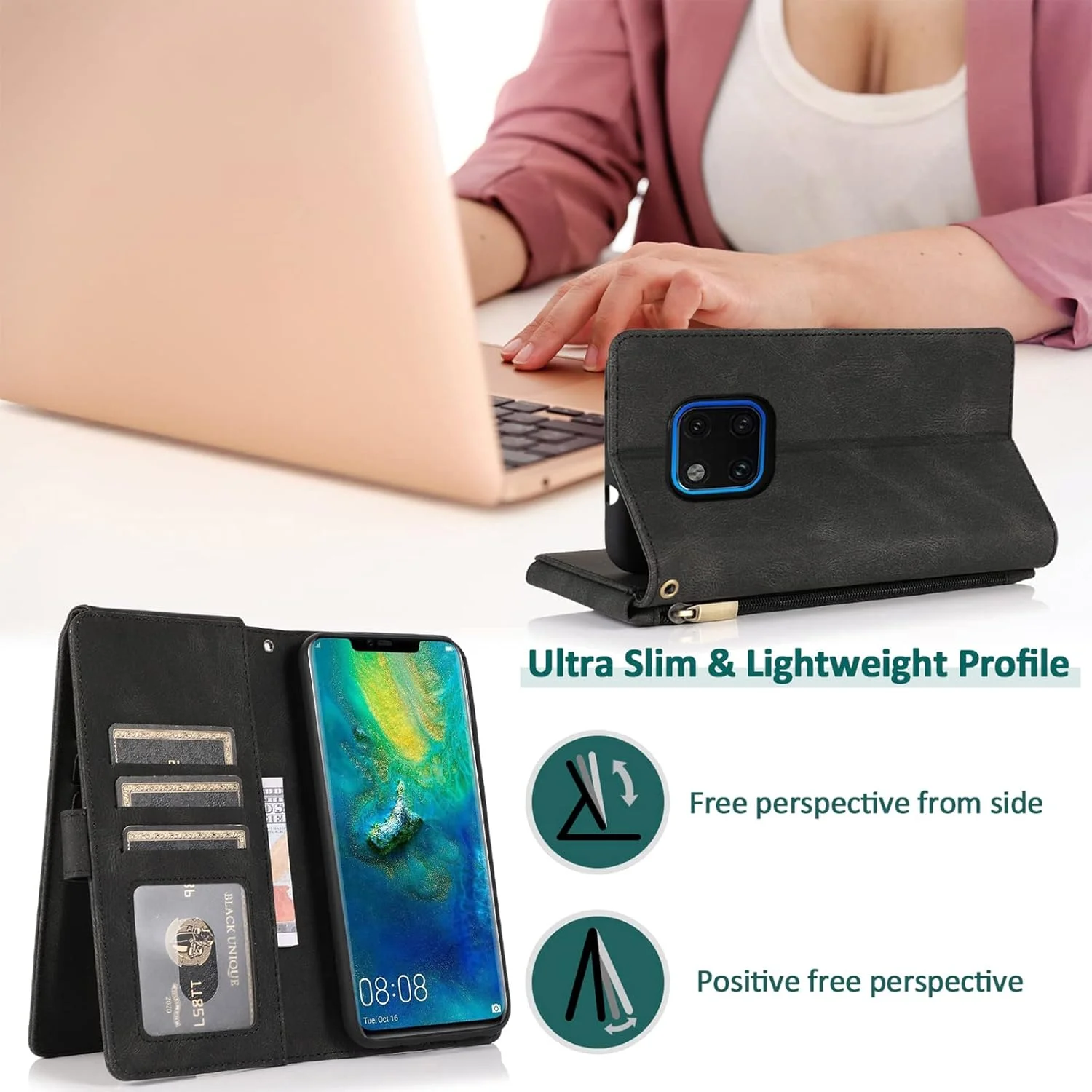 کیف پول چرمی سازگار با هوآوی میت 20 پرو، محافظ صفحه نمایش شیشه ای حرارت دیده، کاور تاشو زیپ دار، جا کارتی، پایه نگهدارنده، لوازم جانبی تلفن همراه برای هوآوی میت 20 پرو میت 20، 20 پرو، مناسب بانوان و آقایان - مشکی کیف پول چرمی سازگار با هوآوی میت 20 پرو، محافظ صفحه نمایش شیشه ای حرارت دیده، کاور تاشو زیپ دار، جا کارتی، پایه نگهدارنده، لوازم جانبی تلفن همراه برای هوآوی میت 20 پرو میت 20، 20 پرو، مناسب بانوان و آقایان - مشکی