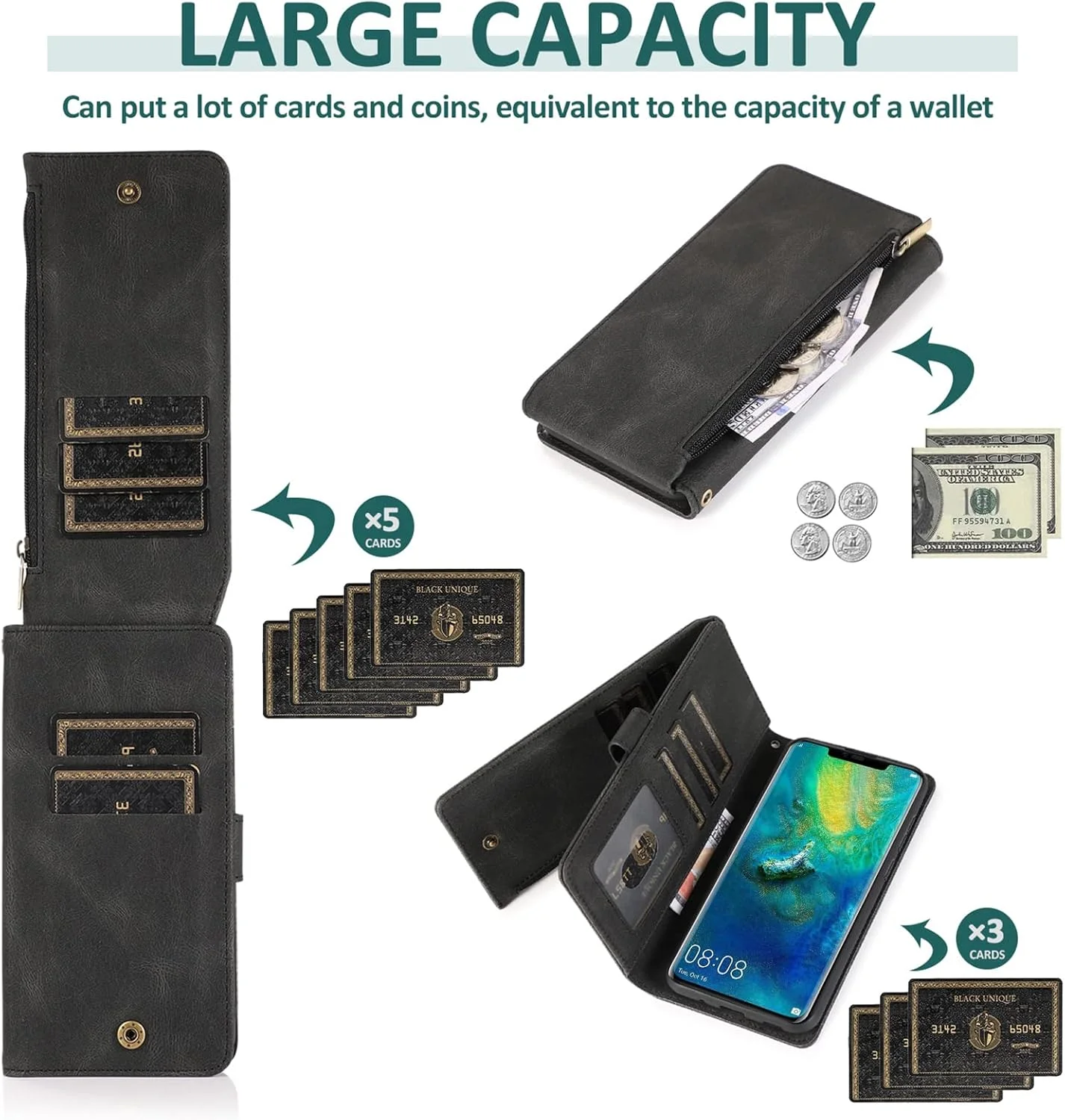 کیف پول چرمی سازگار با هوآوی میت 20 پرو، محافظ صفحه نمایش شیشه ای حرارت دیده، کاور تاشو زیپ دار، جا کارتی، پایه نگهدارنده، لوازم جانبی تلفن همراه برای هوآوی میت 20 پرو میت 20، 20 پرو، مناسب بانوان و آقایان - مشکی کیف پول چرمی سازگار با هوآوی میت 20 پرو، محافظ صفحه نمایش شیشه ای حرارت دیده، کاور تاشو زیپ دار، جا کارتی، پایه نگهدارنده، لوازم جانبی تلفن همراه برای هوآوی میت 20 پرو میت 20، 20 پرو، مناسب بانوان و آقایان - مشکی