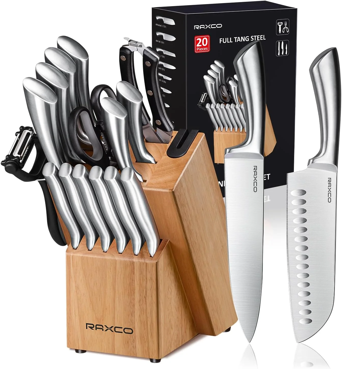 ست چاقوی ۱۸ پارچه RAXCO با استند، ست کامل چاقوهای آشپزخانه استیل ضد زنگ، ست حرفه ای چاقو برای آشپزخانه (بلوطی)