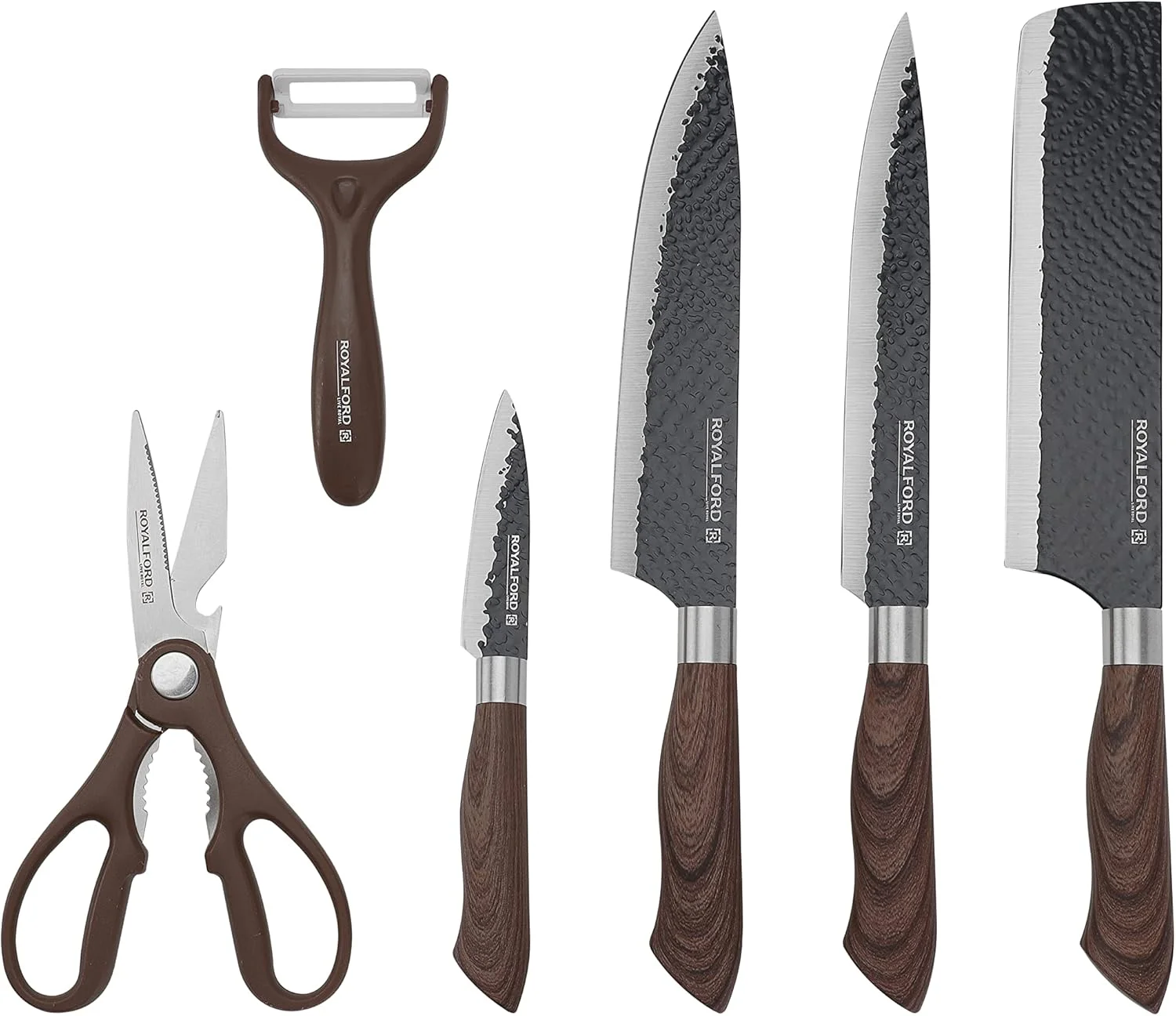 ست چاقوی آشپزخانه 6 تکه رویال فورد با پوشش نچسب، تیغه های استیل ضد زنگ فوق العاده کوتاه RF10462، دسته PP با کیفیت عالی با روکش چوب TPR، ست چند منظوره، چند رنگ