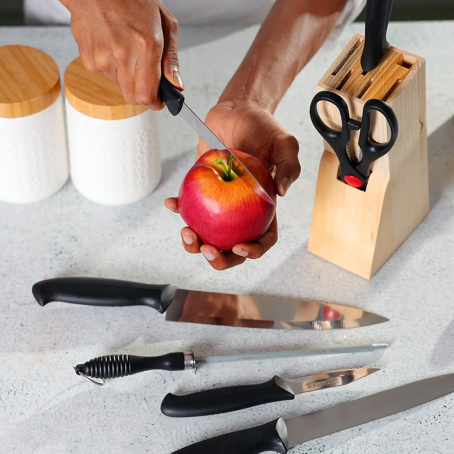 ست چاقوی آشپزخانه 7 تکه رویال فورد مدل RF10229 به همراه استند چوبی، قیچی چند منظوره و تیزکن چاقو، مناسب برای خرد کردن، برش دادن و قیمه کردن، مشکی