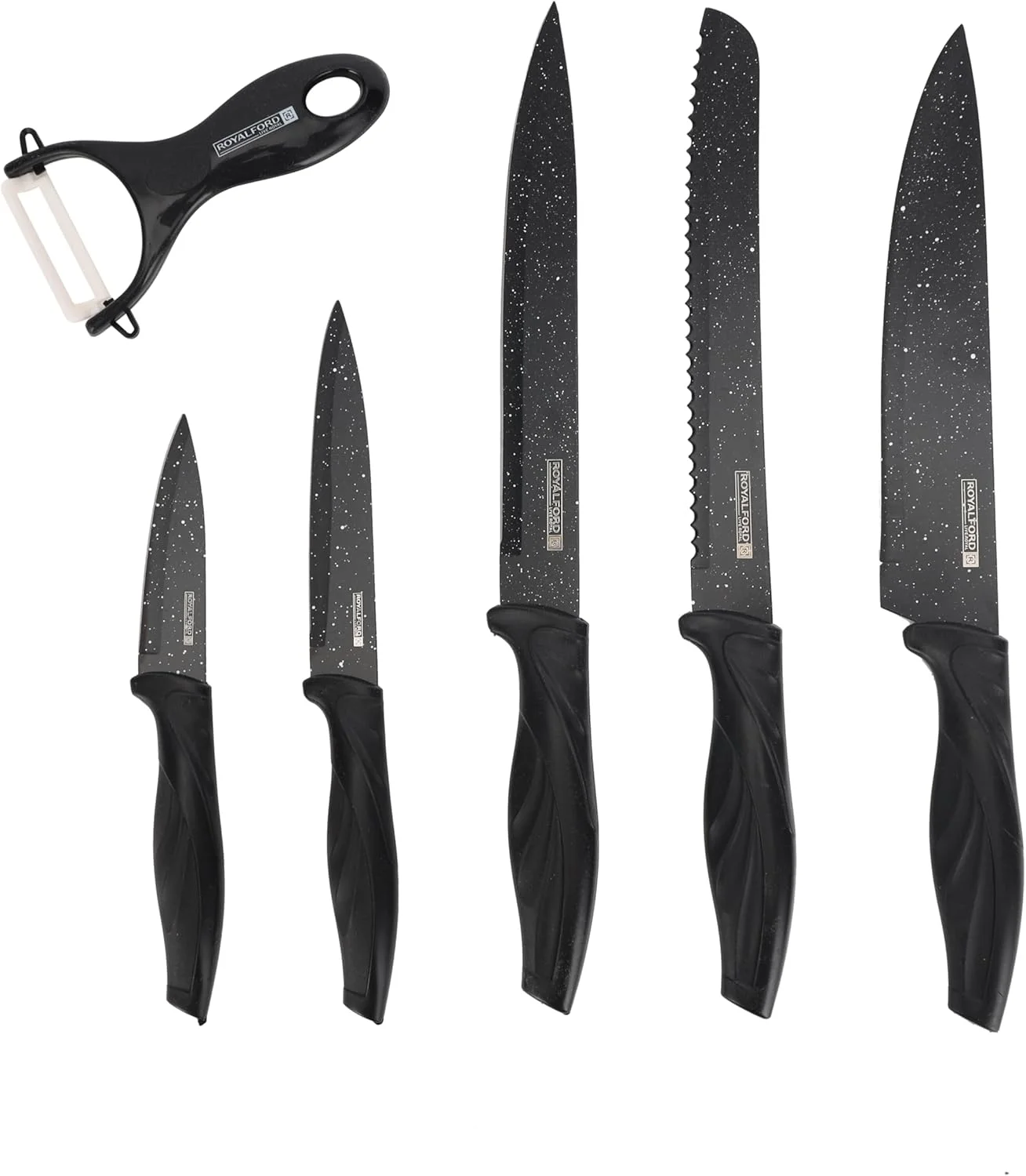 ست چاقوی 6 پارچه رویال فورد مدل RF12580، استیل ضد زنگ، تیز، حرفه ای، روکش نچسب، مناسب آشپزی، به همراه پوست کن، دسته مشکی