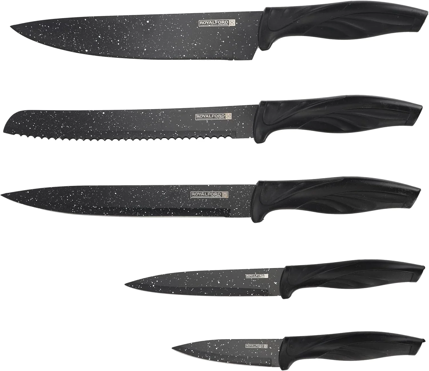 ست چاقوی 6 پارچه رویال فورد مدل RF12580، استیل ضد زنگ، تیز، حرفه ای، روکش نچسب، مناسب آشپزی، به همراه پوست کن، دسته مشکی ست چاقوی 6 پارچه رویال فورد مدل RF12580، استیل ضد زنگ، تیز، حرفه ای، روکش نچسب، مناسب آشپزی، به همراه پوست کن، دسته مشکی