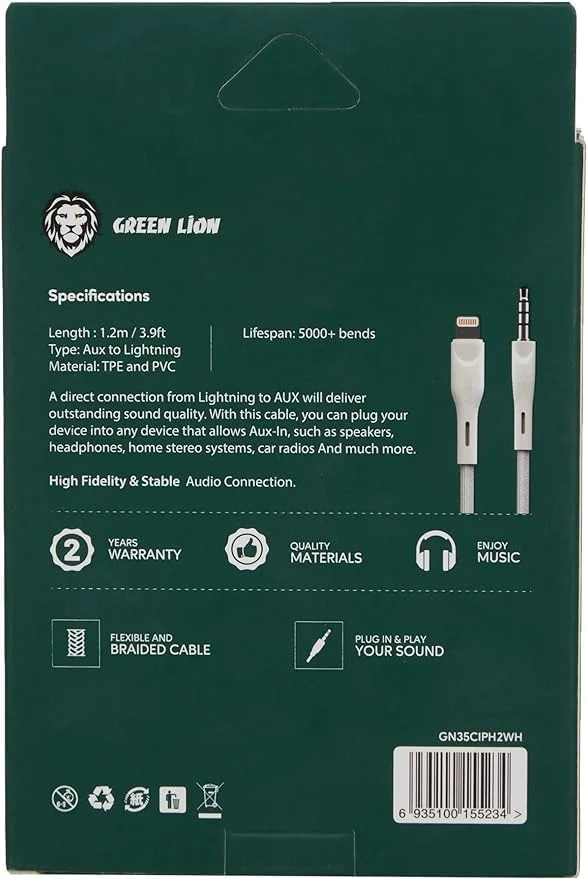 کابل صوتی Green Lion، کابل لایتنینگ بافته شده به 3.5 میلیمتری 2.4 آمپر، آداپتور جک هدفون کابل صوتی استریو نر، کابل صوتی کمکی خودرو - سفید کابل صوتی Green Lion، کابل لایتنینگ بافته شده به 3.5 میلیمتری 2.4 آمپر، آداپتور جک هدفون کابل صوتی استریو نر، کابل صوتی کمکی خودرو - سفید