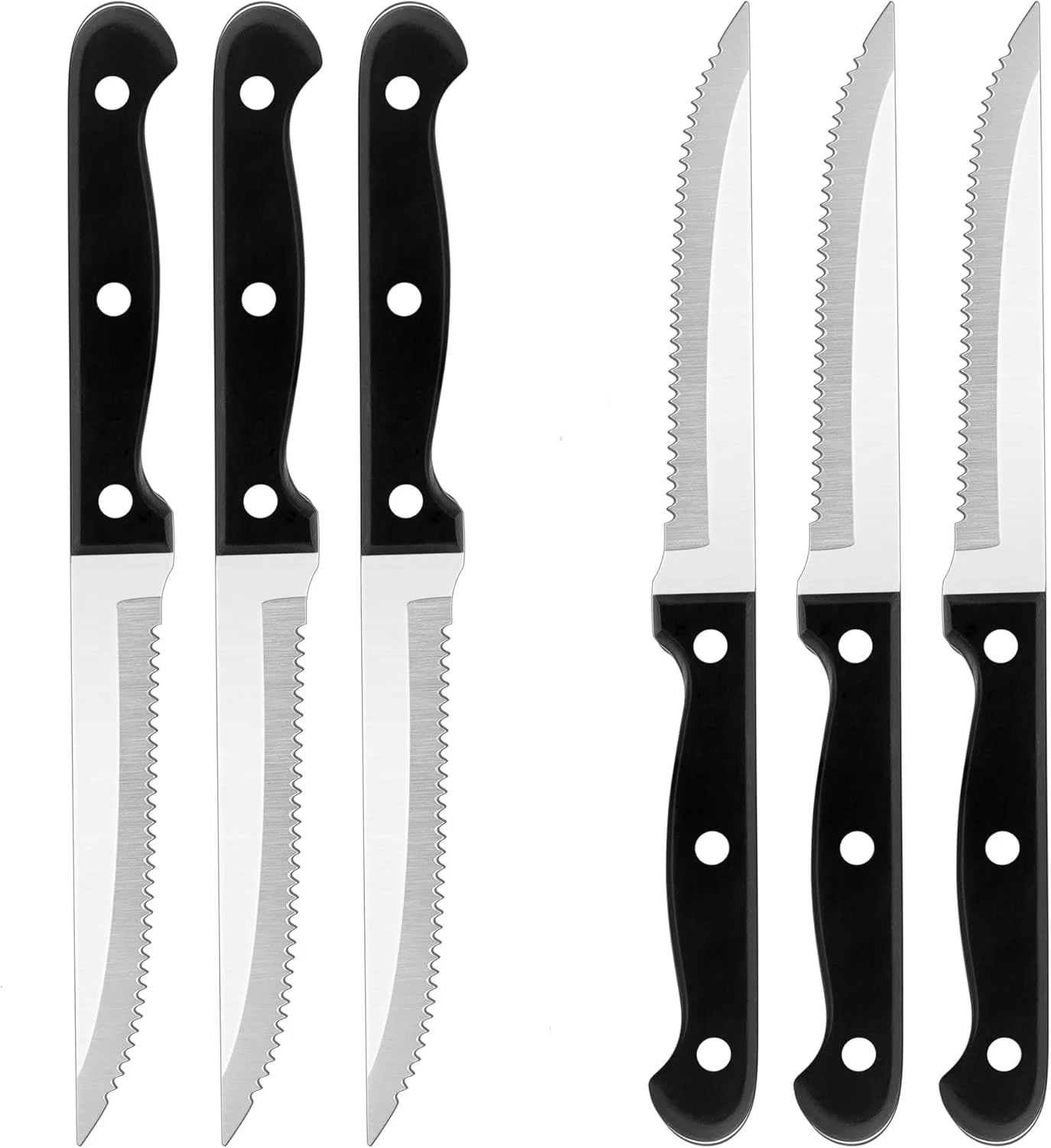 ست چاقوی استیک 6 عددی، چاقوهای شام استیل ضد زنگ با تیغه اره ای، ایده آل برای ظروف آشپزخانه رستوران کمپینگ، دسته پرچ شده با زبانه کامل، قابل شستشو در ماشین ظرفشویی