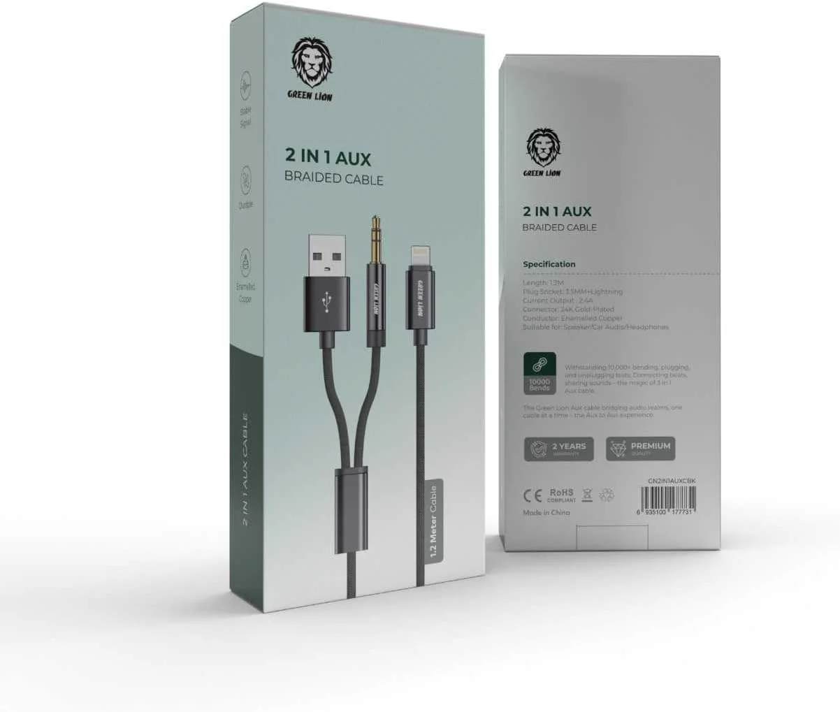 کابل صوتی بافته شده 2 در 1 Green Lion (1.2 متری) - مقاوم در برابر بیش از 10000 خمش، انتقال سیگنال پایدار، سر 3.5 میلی متری AUX و لایتنینگ، مناسب برای بلندگوها، سیستم صوتی خودرو و هدفون - مشکی کابل صوتی بافته شده 2 در 1 Green Lion (1.2 متری) - مقاوم در برابر بیش از 10000 خمش، انتقال سیگنال پایدار، سر 3.5 میلی متری AUX و لایتنینگ، مناسب برای بلندگوها، سیستم صوتی خودرو و هدفون - مشکی