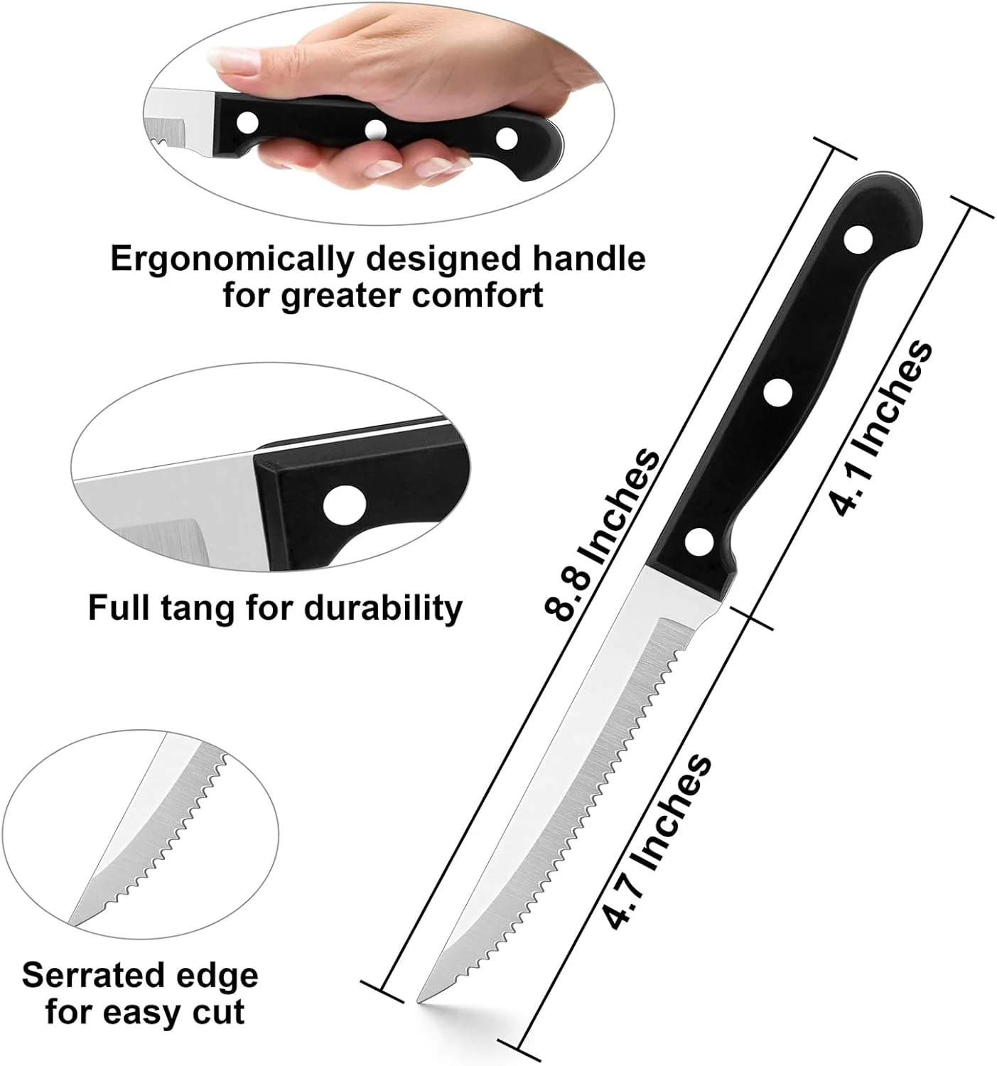 ست چاقوی استیک 6 عددی، چاقوهای شام استیل ضد زنگ با تیغه اره ای، ایده آل برای ظروف آشپزخانه رستوران کمپینگ، دسته پرچ شده با زبانه کامل، قابل شستشو در ماشین ظرفشویی