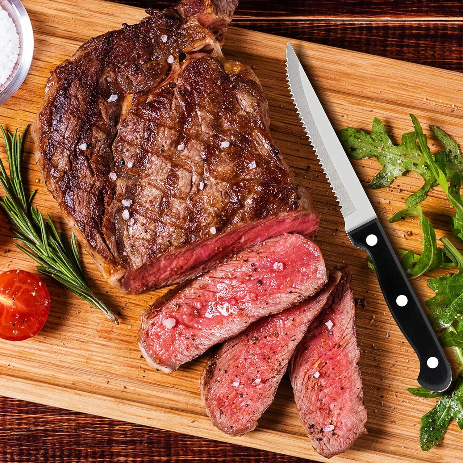 ست چاقوی استیک 6 عددی، چاقوهای شام استیل ضد زنگ با تیغه اره ای، ایده آل برای ظروف آشپزخانه رستوران کمپینگ، دسته پرچ شده با زبانه کامل، قابل شستشو در ماشین ظرفشویی