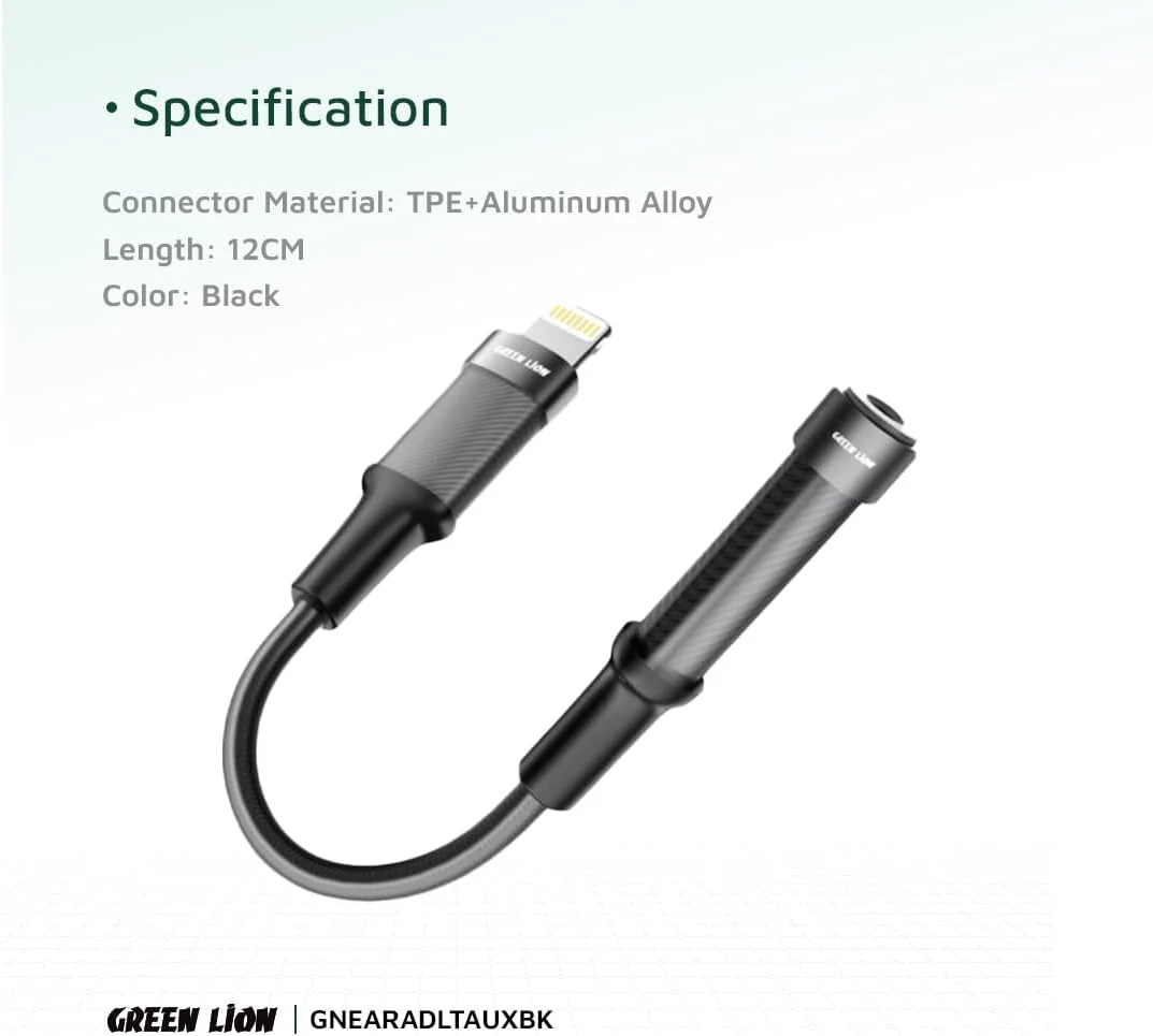 تبدیل لایتنینگ به AUX 3.5 میلی‌متری گرین لاین، طول 12 سانتی‌متر، جنس بادوام، سیگنال پایدار، کابل بافته شده، طول عمر 10000 خمش، جمع و جور و سبک - مشکی