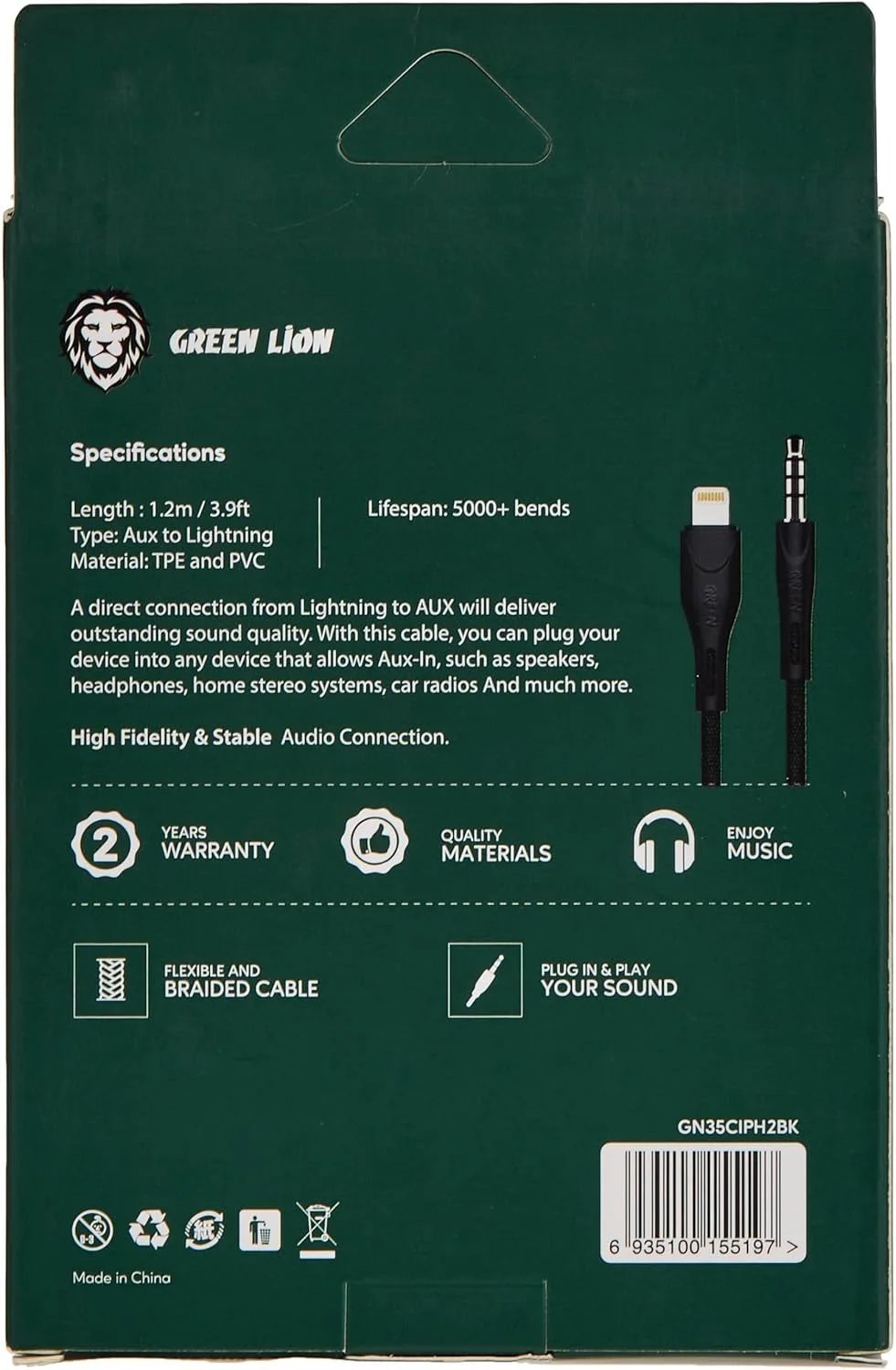 کابل AUX 3.5 به لایتنینگ گرین لاین 1.2 متری 2.4 آمپر - مشکی