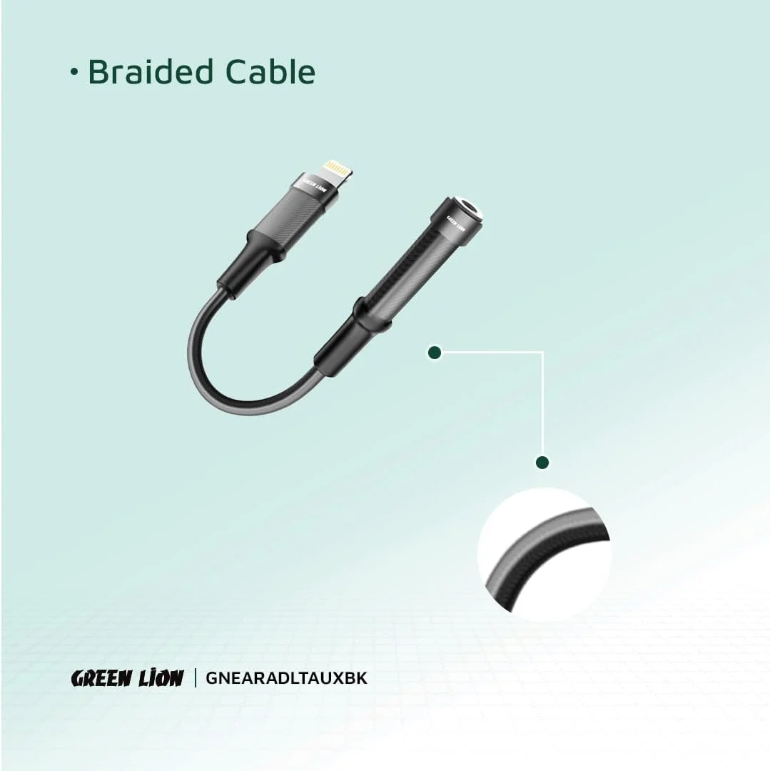 تبدیل لایتنینگ به AUX 3.5 میلی‌متری گرین لاین، طول 12 سانتی‌متر، جنس بادوام، سیگنال پایدار، کابل بافته شده، طول عمر 10000 خمش، جمع و جور و سبک - مشکی