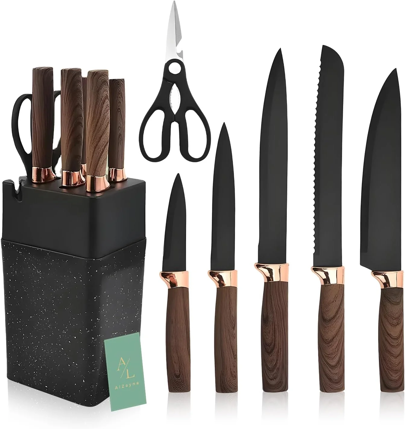 جا چاقویی آشپزخانه AIzayna با استند استیل، نگهدارنده 5 چاقو و قیچی، شیارهای انعطاف پذیر دو لایه، نگهداری ایمن و مطمئن، تمیز کردن آسان، پایه ضد لغزش برای سازماندهی آشپزخانه