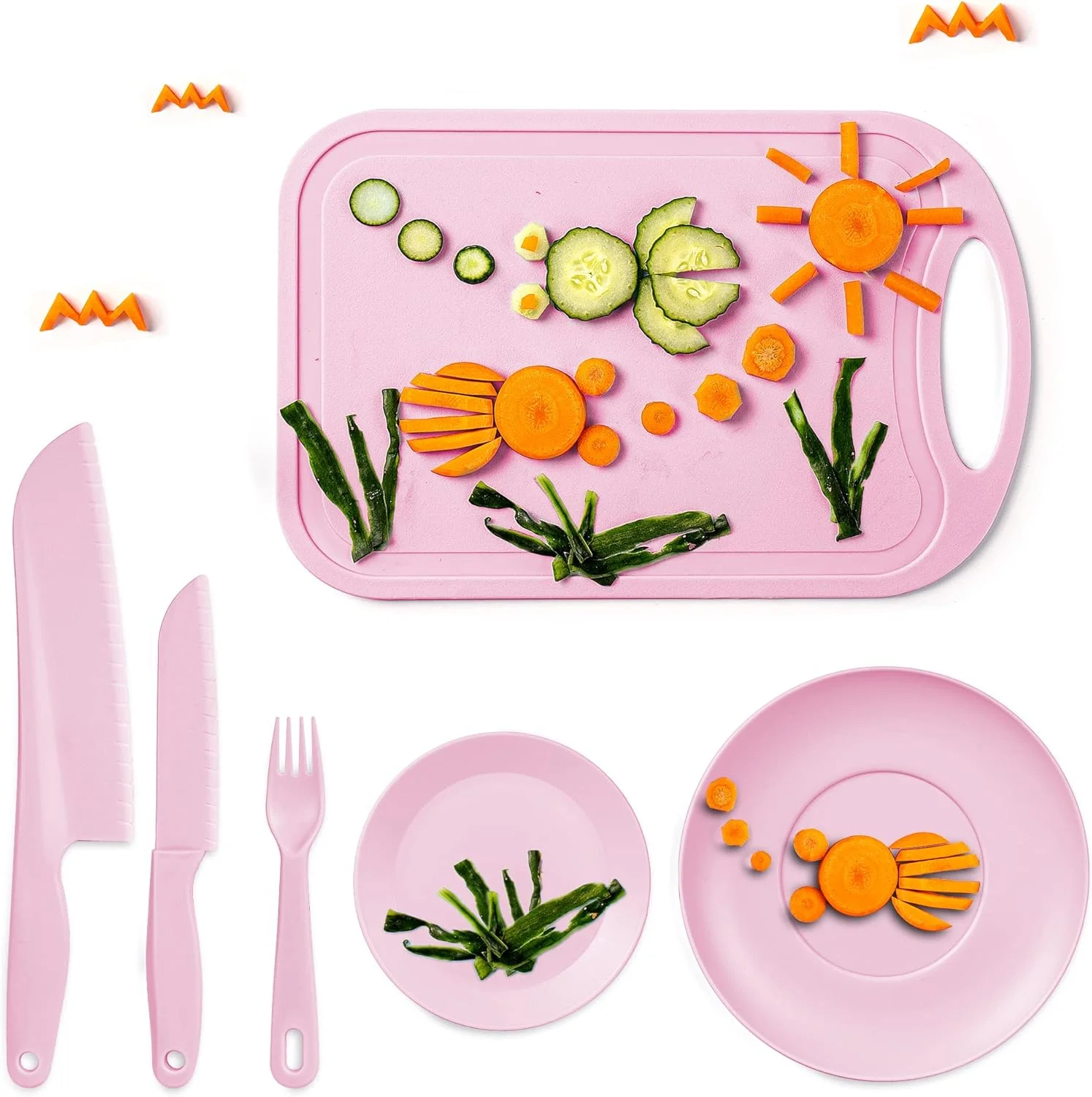 ست چاقوی ایمن کودک TJ POP، ست 6 تکه چاقوی کودک برای آشپزی واقعی، چاقوهای آشپزخانه مونته سوری برای کودکان نوپا، چاقوهای پلاستیکی آشپزی کودکان با تخته برش و ظروف، بدون BPA (صورتی)