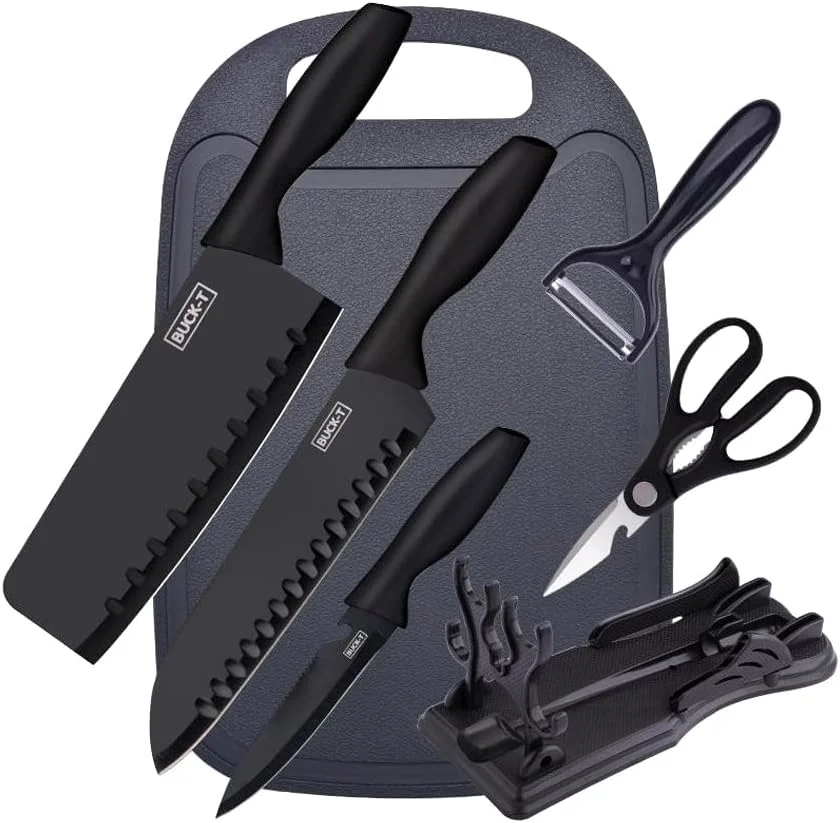 ست چاقوی آشپزخانه 7 تکه به همراه تخته خردکن، استند چاقو، چاقوهای استیل ضد زنگ، قیچی و رنده - تیغه های نچسب، ست چاقوی آشپزی برای استفاده خانگی و حرفه ای