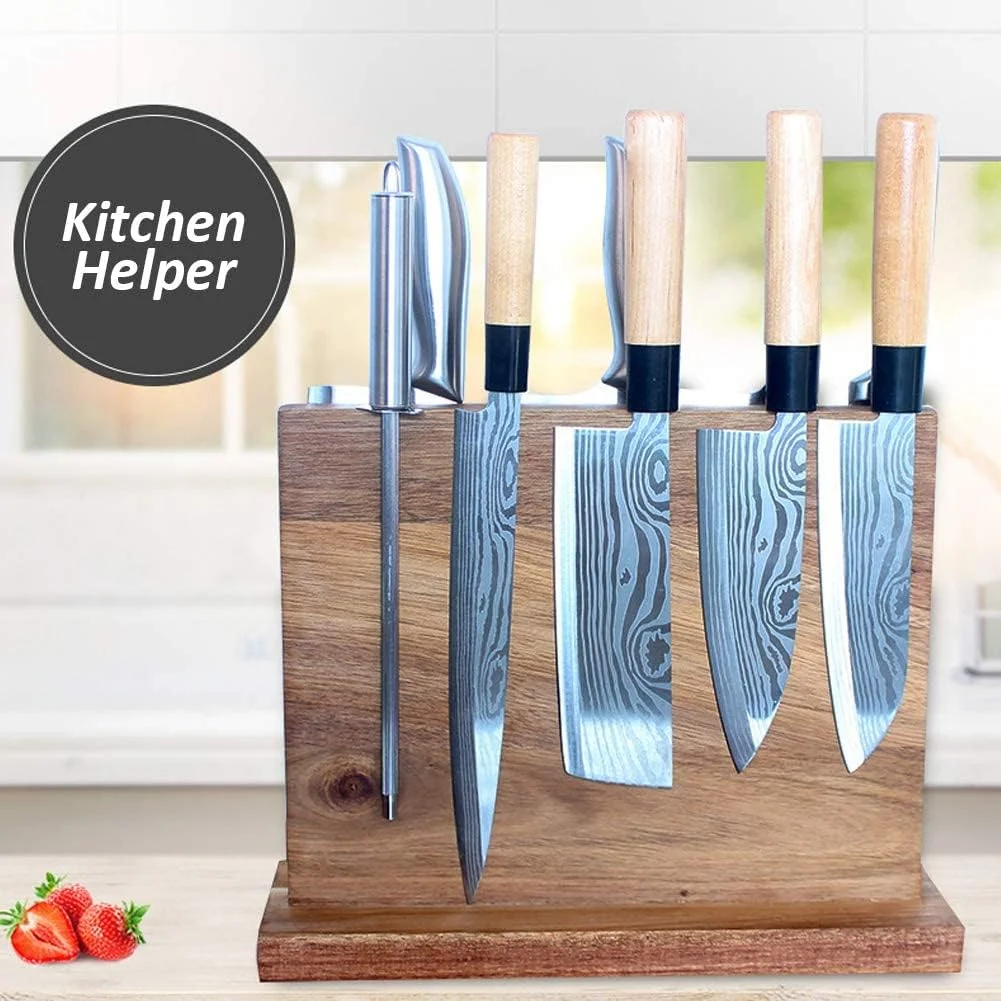 نگهدارنده بلوک چاقوی مغناطیسی SYOSI، استند دو طرفه چوبی برای نگهداری چاقو، سازمان دهنده آشپزخانه، بدون چاقو