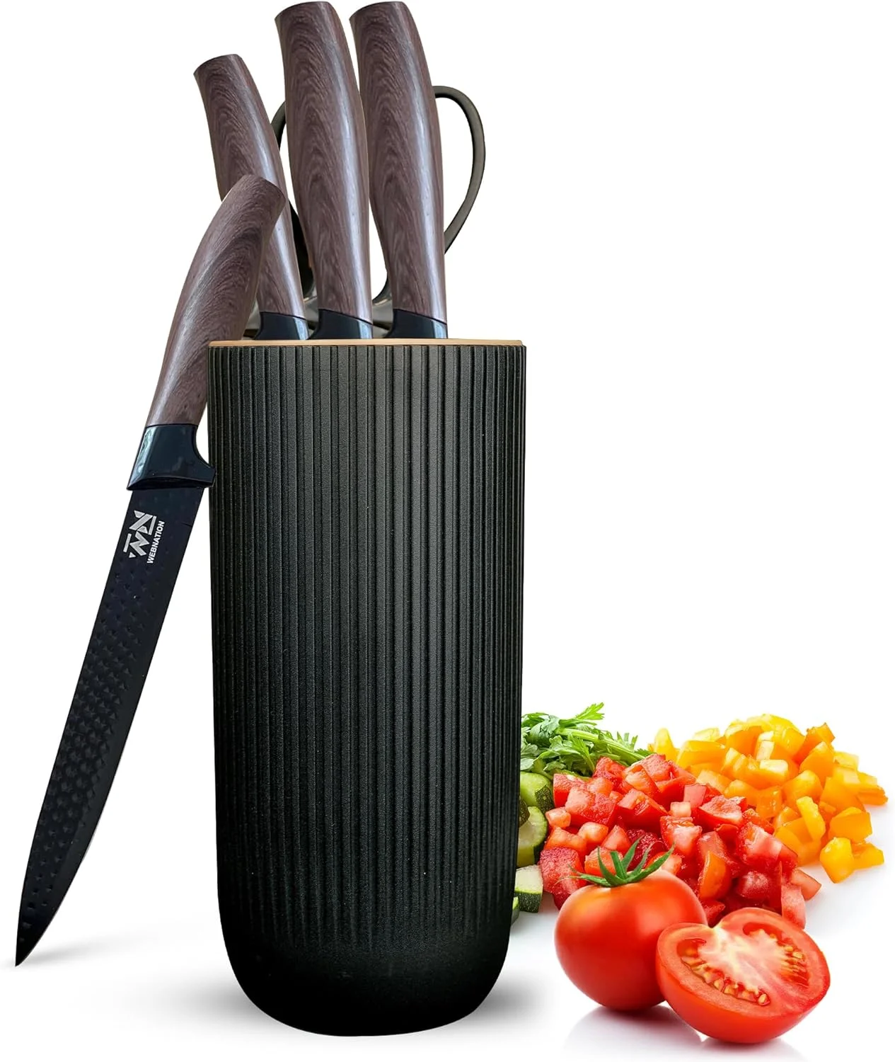 ست چاقوی آشپزخانه 6 تکه WN Webnation – ست کارد و چنگال استیل ضد زنگ با چاقوی سرآشپز، چاقوی نان، چاقوی ژاپنی، چاقوی استیک، قیچی و نگهدارنده – جعبه هدیه لوازم جانبی آشپزخانه