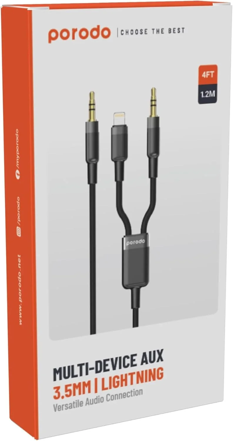 کابل دو منظوره AUX 3.5 به 3.5 + لایتنینگ پرودو 1.2 متری - مشکی