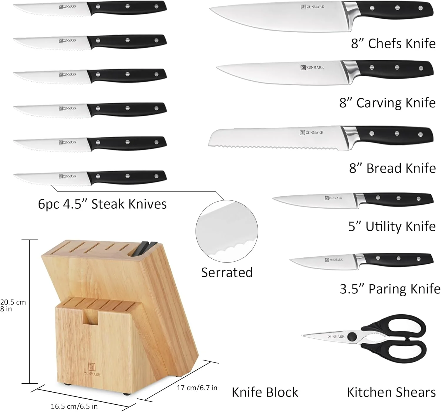 ست چاقوی آشپزخانه ZUNMARK، ست 13 تکه چاقوی حرفه ای با استند و تیزکن، ست چاقوی سرآشپز تیز، ایده آل برای خانه و رستوران ها، مشکی شیک