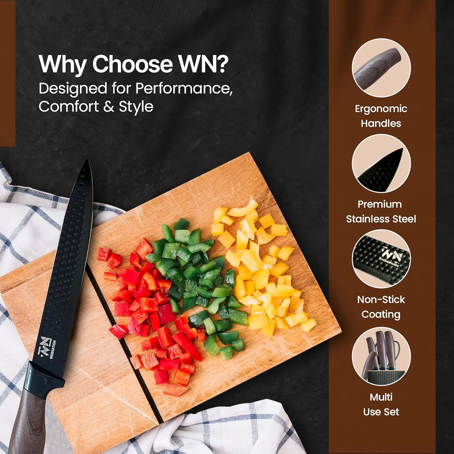 ست چاقوی آشپزخانه 6 تکه WN Webnation – ست کارد و چنگال استیل ضد زنگ با چاقوی سرآشپز، چاقوی نان، چاقوی ژاپنی، چاقوی استیک، قیچی و نگهدارنده – جعبه هدیه لوازم جانبی آشپزخانه
