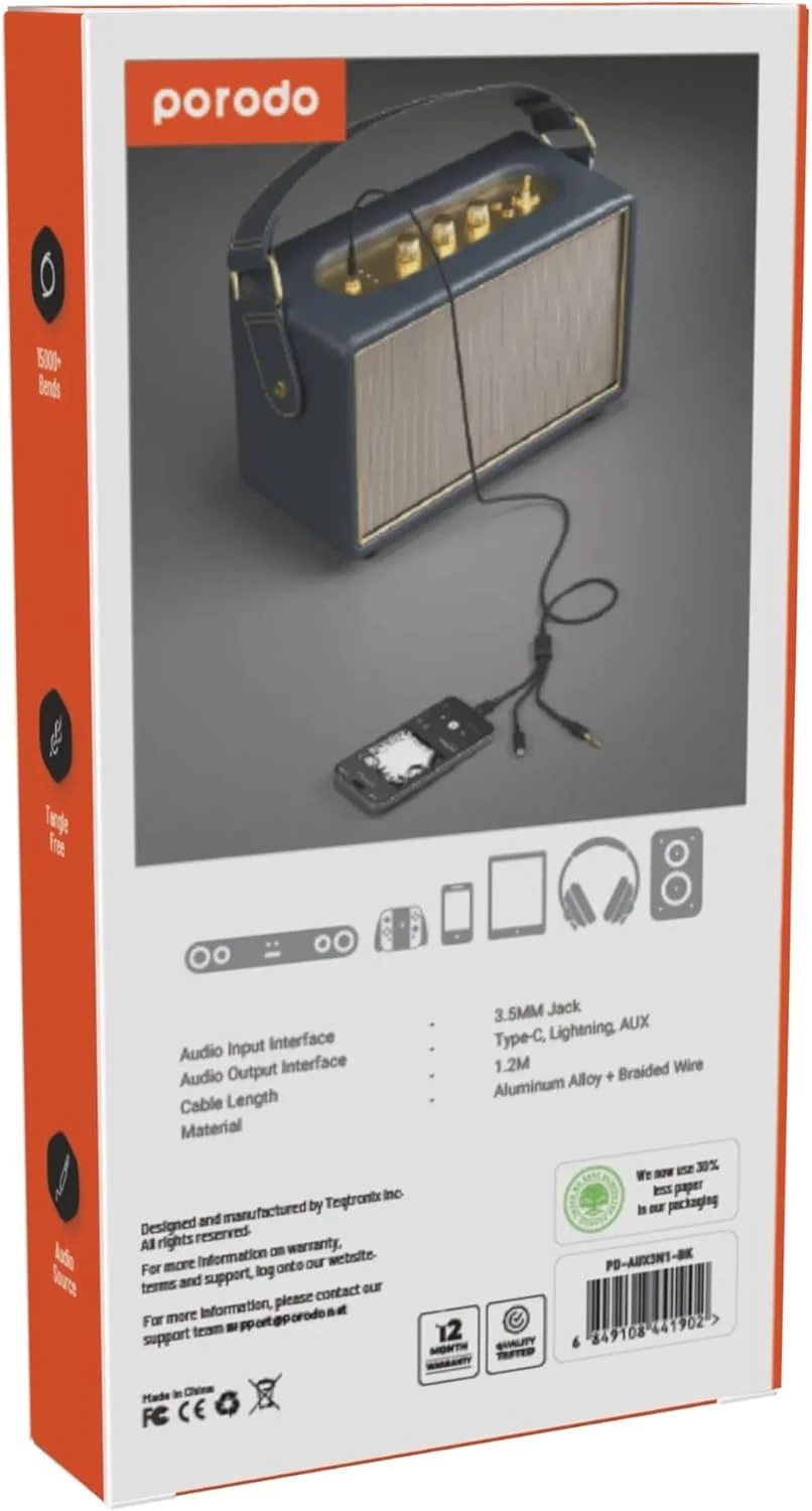 کابل دو منظوره AUX 3.5 به 3.5 + لایتنینگ پرودو 1.2 متری - مشکی