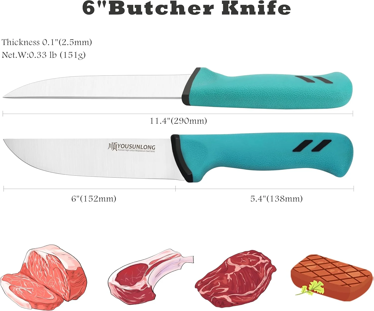 چاقوی قصابی یوسانلانگ برای پردازش گوشت 6 اینچ (152 میلی‌متر) - تیغه فولادی مولیبدن با کربن بالا - چاقوی برش سرآشپز - دسته ارگونومیک و ضد لغزش