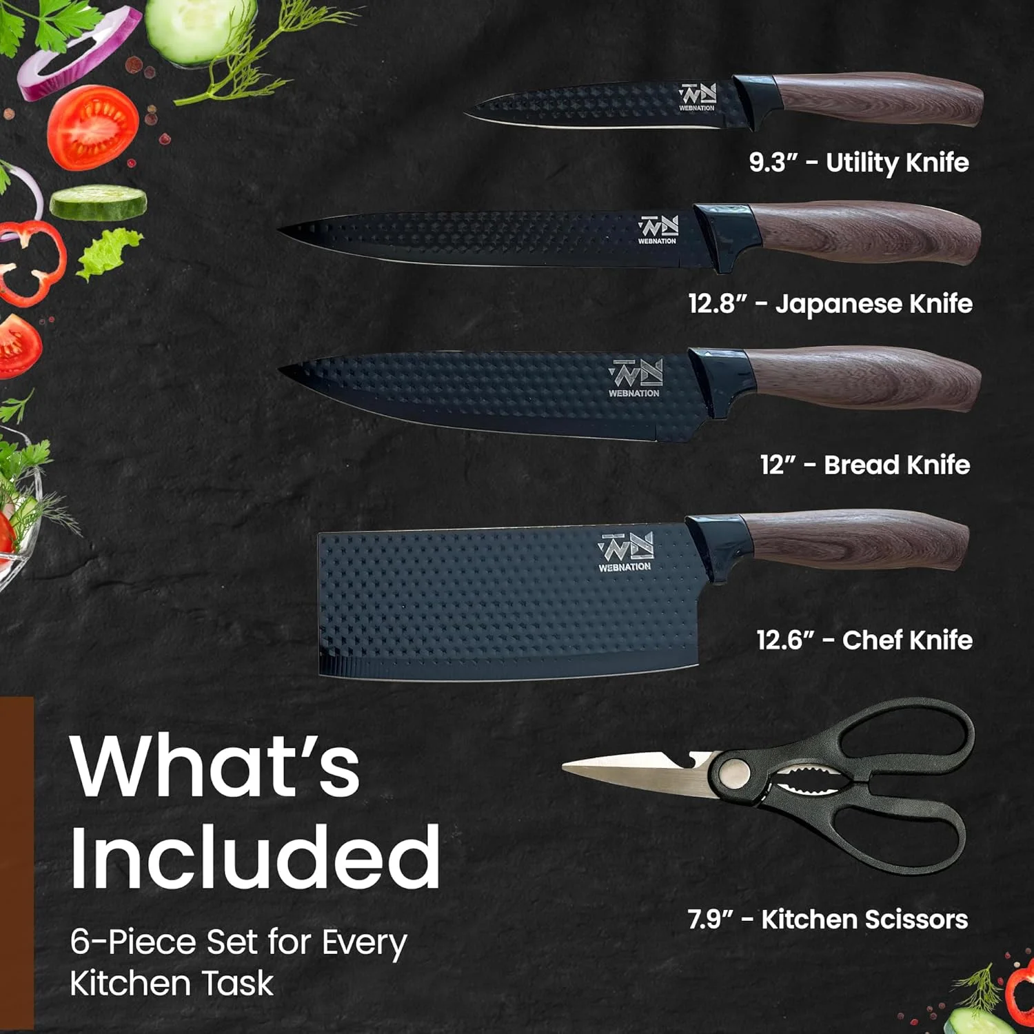 ست چاقوی آشپزخانه 6 تکه WN Webnation – ست کارد و چنگال استیل ضد زنگ با چاقوی سرآشپز، چاقوی نان، چاقوی ژاپنی، چاقوی استیک، قیچی و نگهدارنده – جعبه هدیه لوازم جانبی آشپزخانه