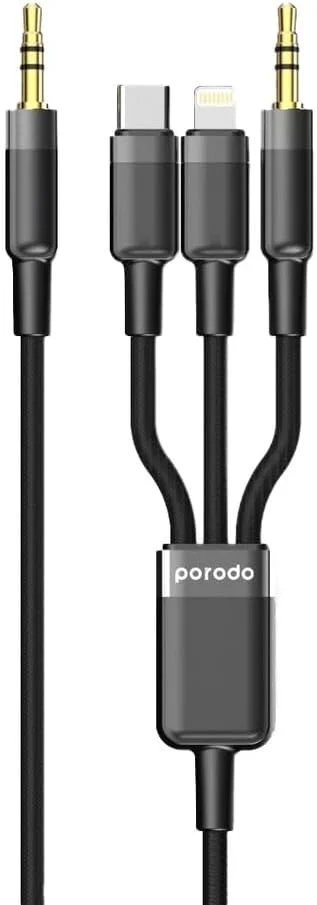 کابل 3 در 1 Porodo AUX 3.5 به 3.5+C+Lightning به طول 1.2 متر - مشکی کابل 3 در 1 Porodo AUX 3.5 به 3.5+C+Lightning به طول 1.2 متر - مشکی