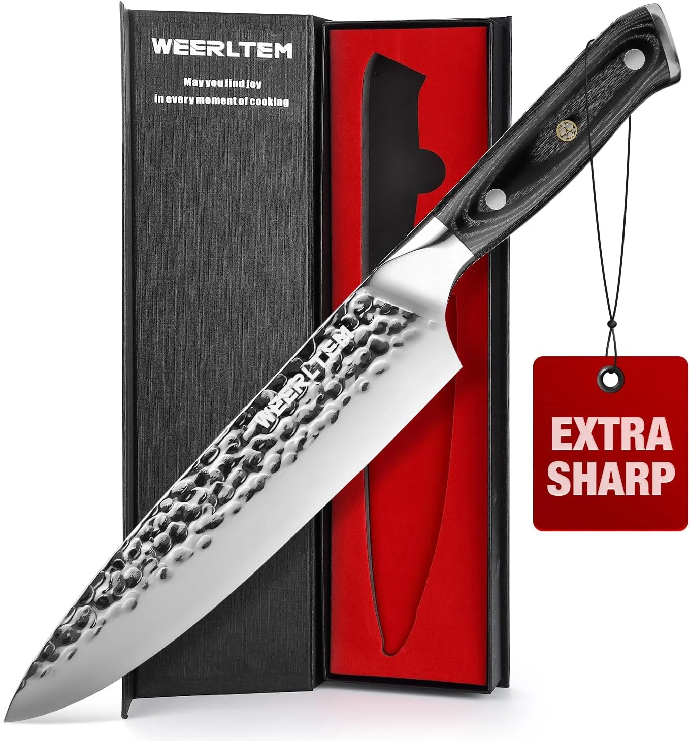 چاقوی آشپز، چاقوی حرفه ای دست ساز 8 اینچی، چاقوی آشپزخانه ژاپنی فولاد ضد زنگ کربنی بسیار تیز با دسته میکارتا مشکی و جعبه هدیه.