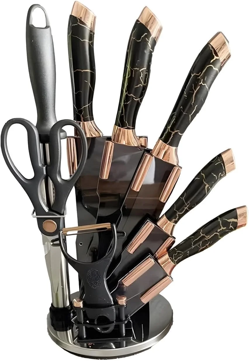 ست چاقوی آشپزخانه 9 تکه Trivex با بلوک اکریلیک - چاقوهای آشپزخانه فوق العاده تیز از جنس استیل ضد زنگ با پوشش نچسب و تیزکن، ست چاقوی حرفه ای، مشکی