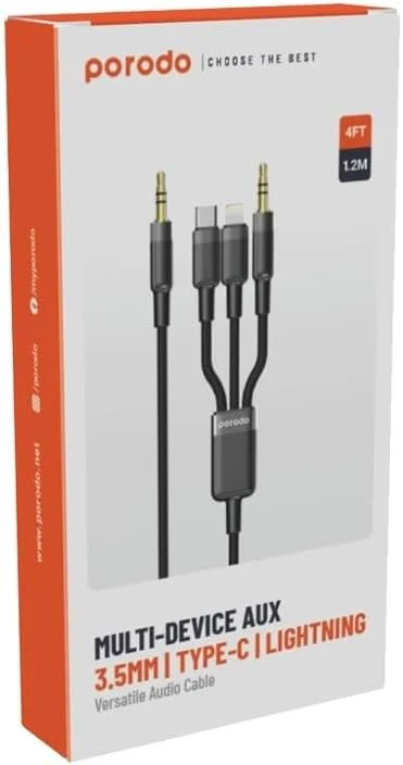 کابل 3 در 1 Porodo AUX 3.5 به 3.5+C+Lightning به طول 1.2 متر - مشکی