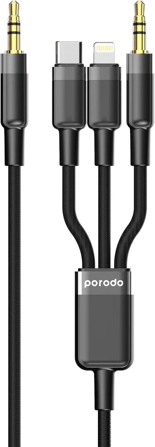 کابل 3 در 1 Porodo AUX 3.5 به 3.5+C+Lightning به طول 1.2 متر - مشکی