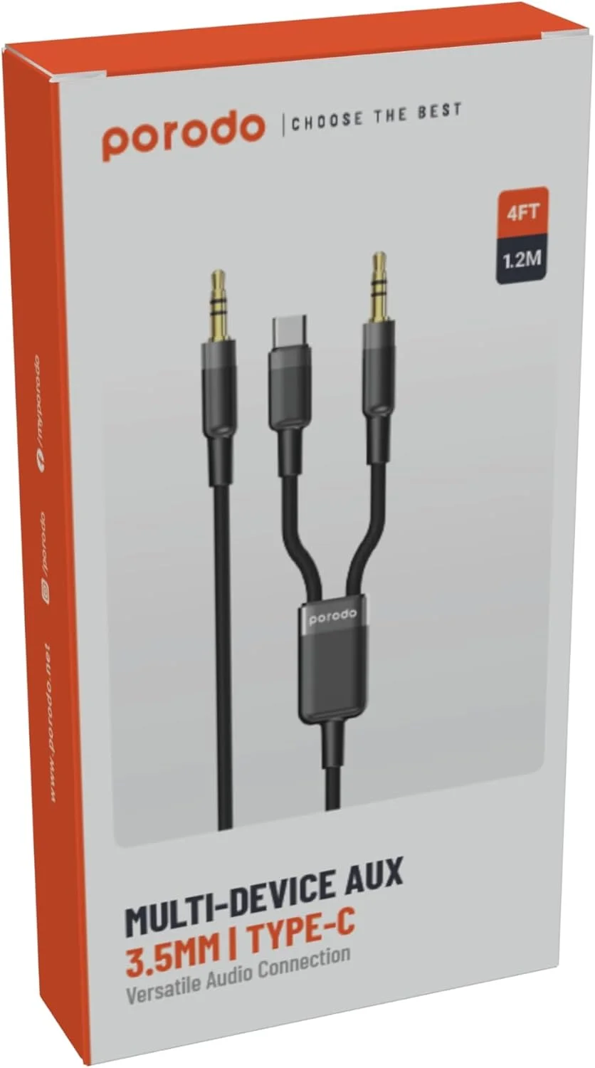 کابل تبدیل 2 در 1 AUX 3.5 به 3.5 + Type-C پرودو 1.2 متری - مشکی کابل تبدیل 2 در 1 AUX 3.5 به 3.5 + Type-C پرودو 1.2 متری - مشکی