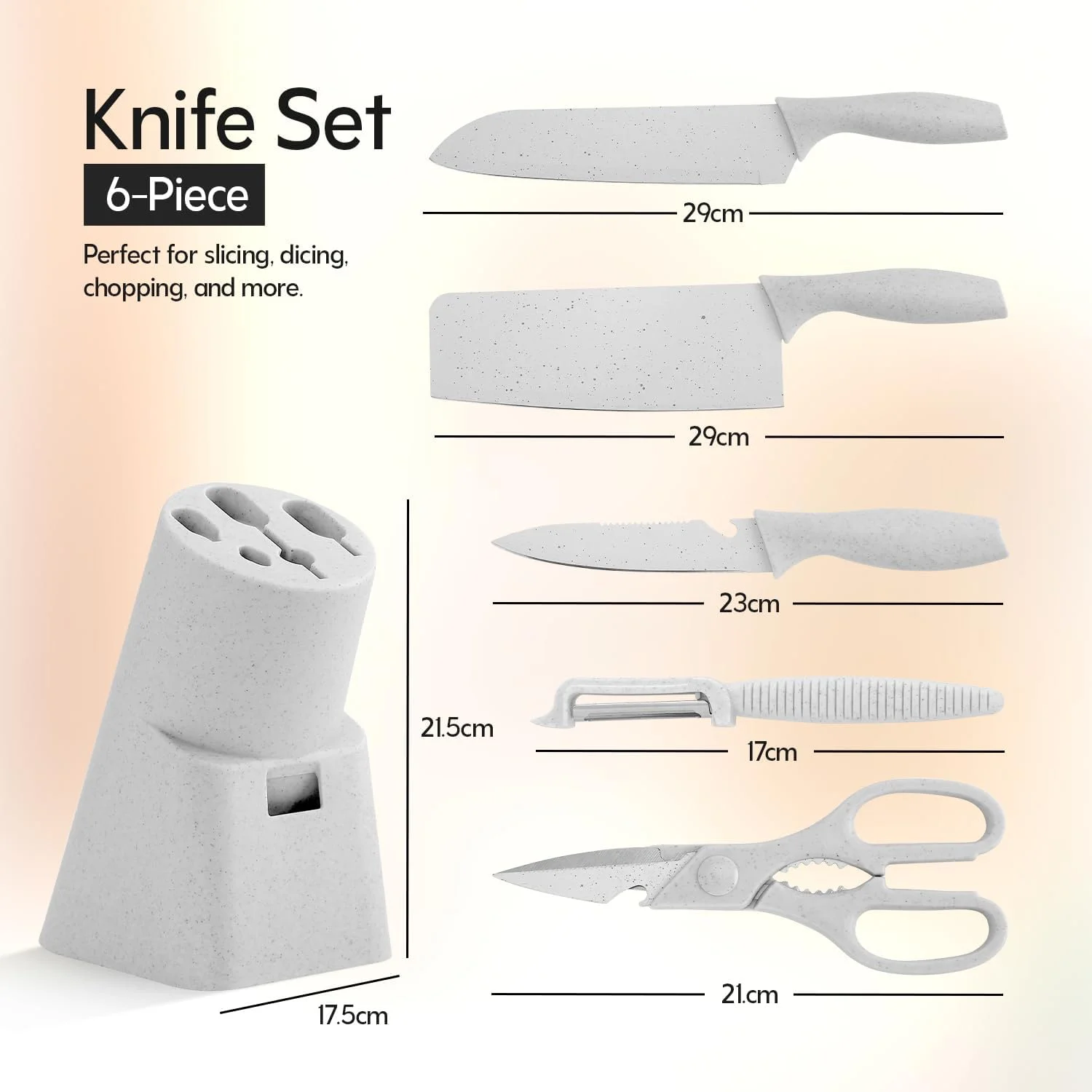 ست چاقوی آشپزخانه زئونا 6 تکه با دسته‌های ارگونومیک - تیغه‌های تیز و مقاوم در برابر زنگ زدگی، دستگیره راحت، شامل نگهدارنده چاقوی بادوام ضد آب، ست بلوک چاقوی شیک و منظم