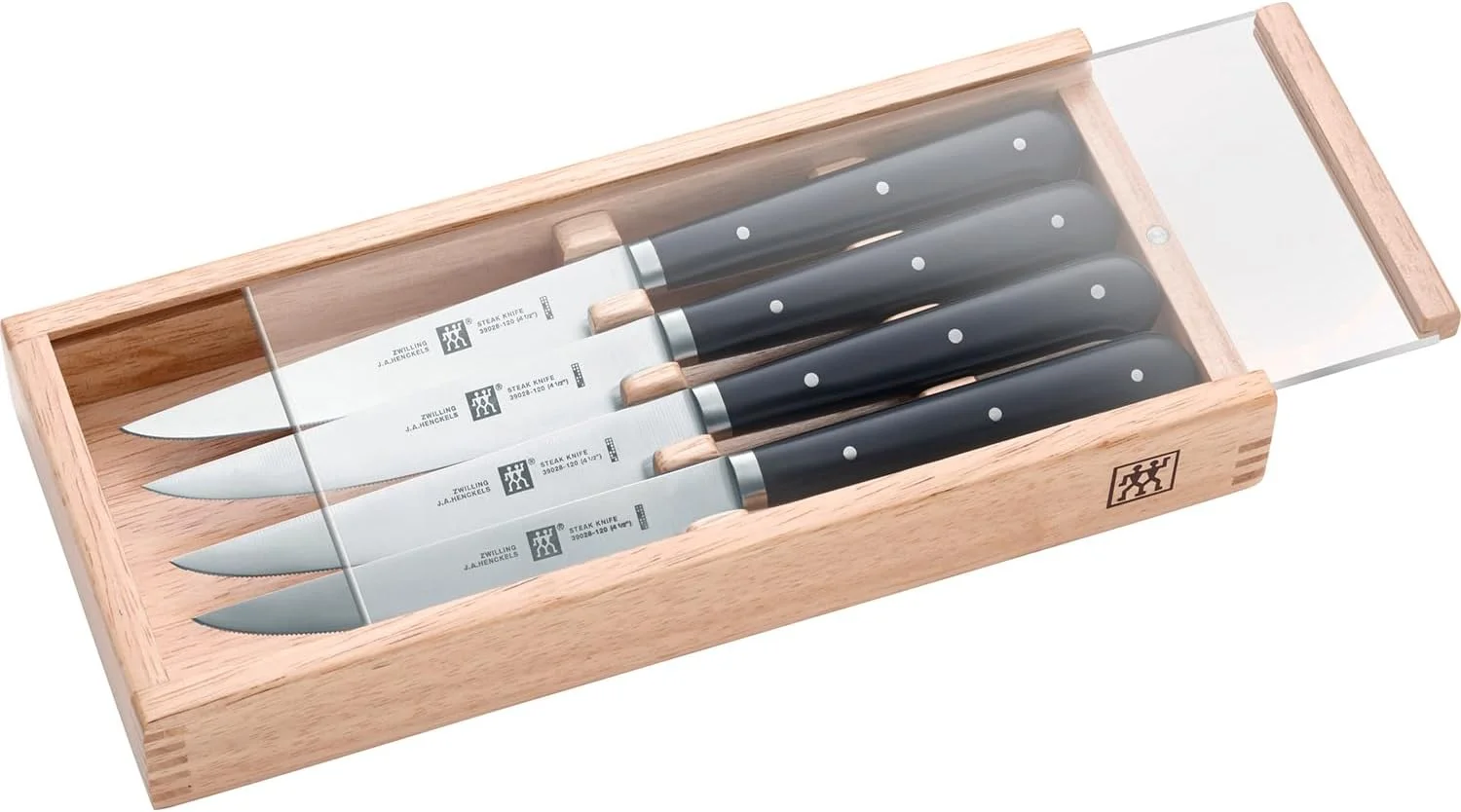 ست چاقوی استیک 4 پارچه ZWILLING با جعبه چوبی – تیغه های دندانه دار 12 سانتی متری از جنس استیل ضد زنگ، دسته های ارگونومیک سه پرچ، لبه V برای تیزی، بادوام، هدیه ای ایده آل برای دوستداران گوشت