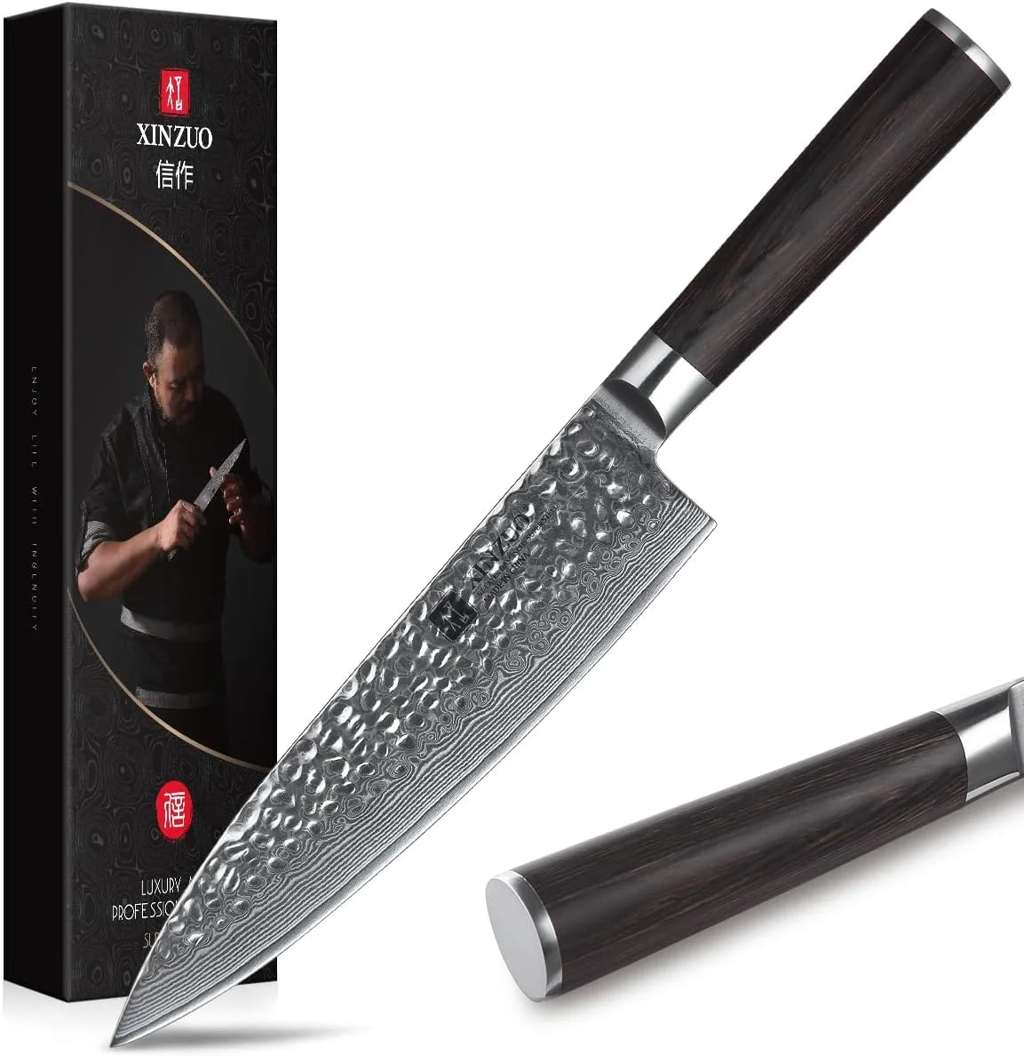چاقوی آشپز XINZUO سایز 8 اینچ، 67 لایه فولاد دمشقی ژاپنی VG10، چاقوی آشپزخانه با پرداخت چکش‌کاری شده، فولاد کربنی ژاپنی VG-10 حرفه‌ای، تیغه بسیار تیز با دسته چوب پاکا - سری He