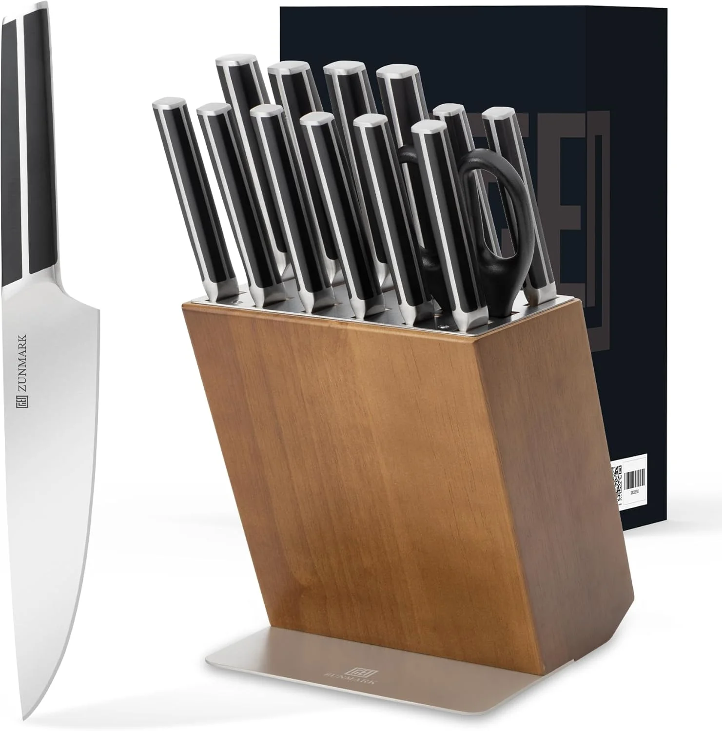 ست چاقوی آشپزخانه، ست 14 تکه چاقو برای آشپزخانه با استند، ست چاقوی فولادی آلمانی X50CrMoV15 با کربن بالا به همراه 6 چاقوی استیک دندانه دار، سنگین