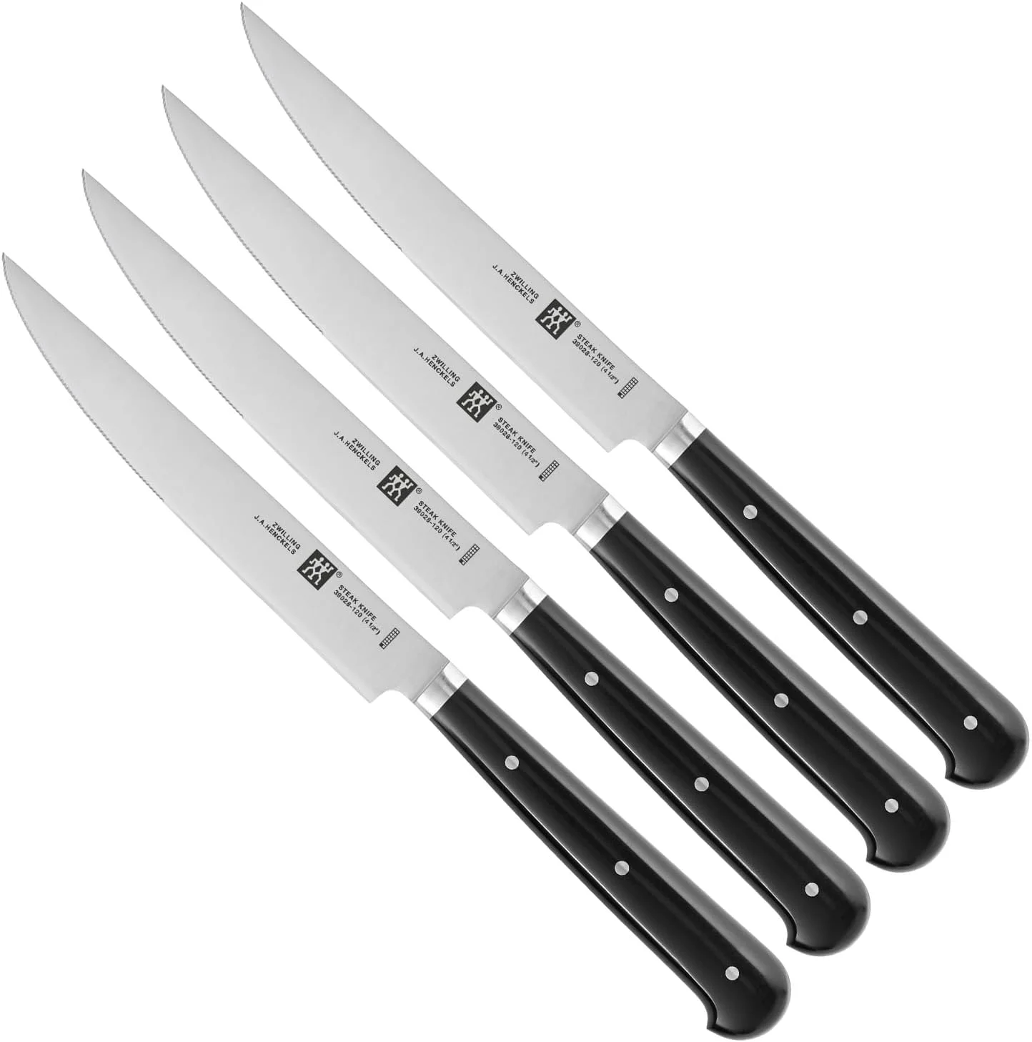 ست چاقوی استیک 4 پارچه ZWILLING با جعبه چوبی – تیغه های دندانه دار 12 سانتی متری از جنس استیل ضد زنگ، دسته های ارگونومیک سه پرچ، لبه V برای تیزی، بادوام، هدیه ای ایده آل برای دوستداران گوشت