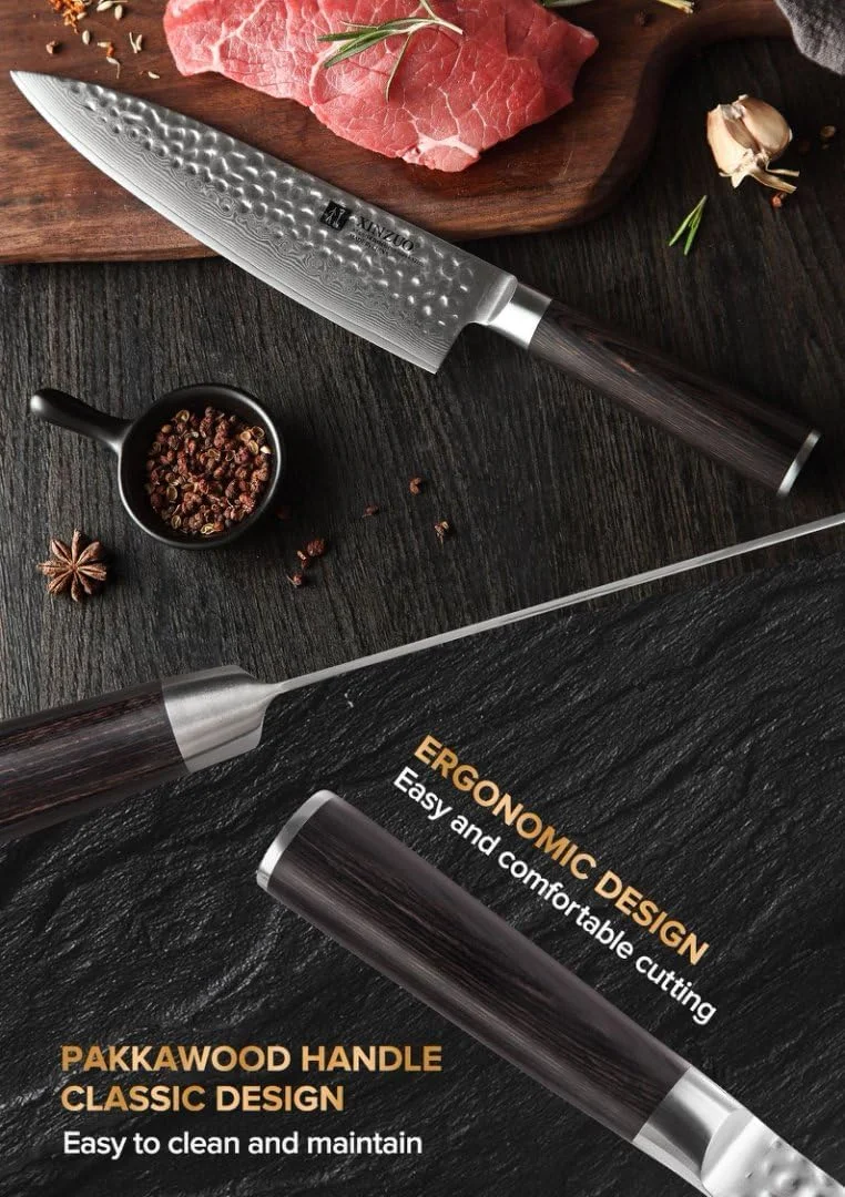 چاقوی آشپز XINZUO سایز 8 اینچ، 67 لایه فولاد دمشقی ژاپنی VG10، چاقوی آشپزخانه با پرداخت چکش‌کاری شده، فولاد کربنی ژاپنی VG-10 حرفه‌ای، تیغه بسیار تیز با دسته چوب پاکا - سری He