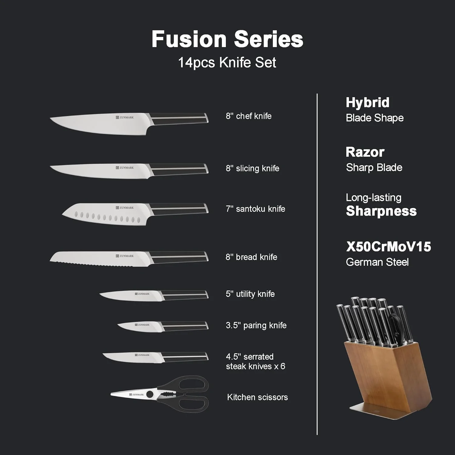 ست چاقوی آشپزخانه، ست 14 تکه چاقو برای آشپزخانه با استند، ست چاقوی فولادی آلمانی X50CrMoV15 با کربن بالا به همراه 6 چاقوی استیک دندانه دار، سنگین