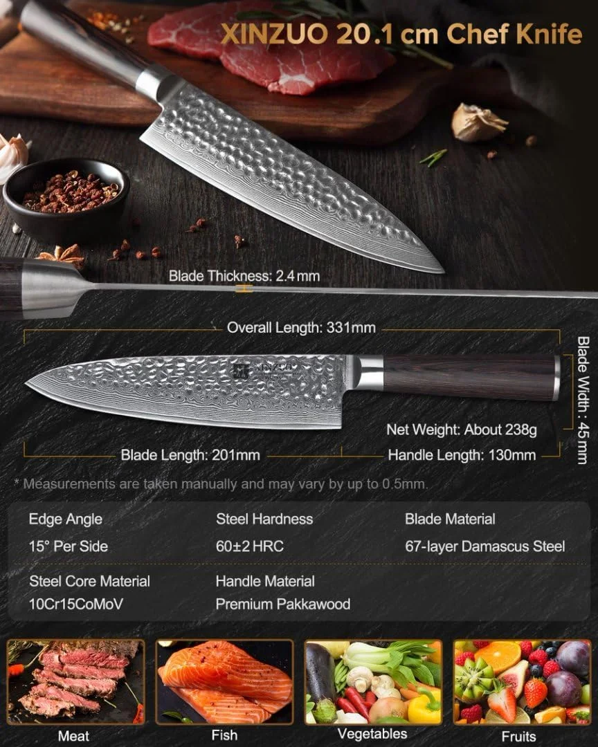 چاقوی آشپز XINZUO سایز 8 اینچ، 67 لایه فولاد دمشقی ژاپنی VG10، چاقوی آشپزخانه با پرداخت چکش‌کاری شده، فولاد کربنی ژاپنی VG-10 حرفه‌ای، تیغه بسیار تیز با دسته چوب پاکا - سری He