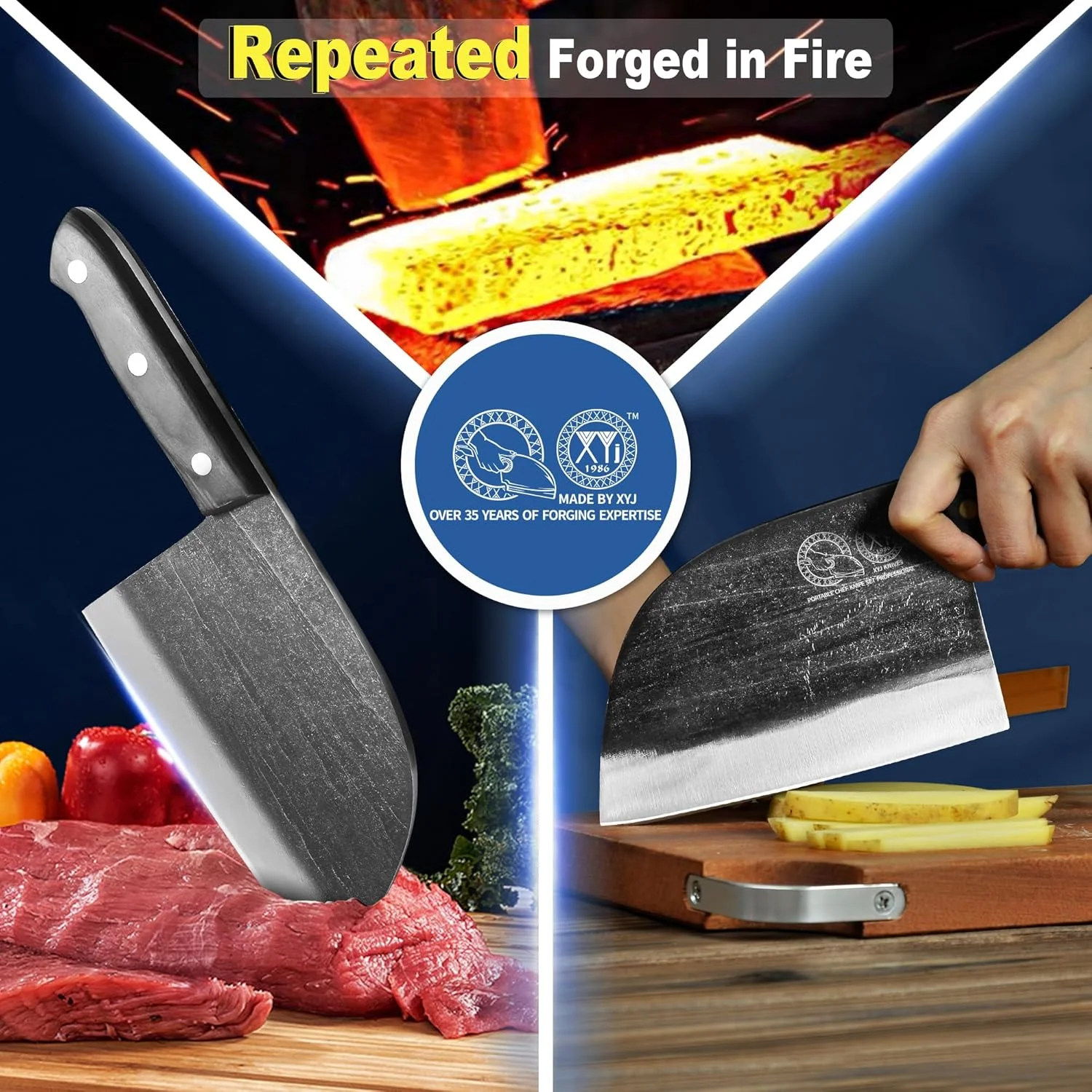 چاقوی آشپزی صربی XYJ، ساخت 1986، آهنگری باستانی برجسته، فول تانگ 6.7 اینچی، ساطور گوشت، چاقوهای آشپزخانه، ست با غلاف چرمی، مناسب حمل، قصابی، فولاد کربنی