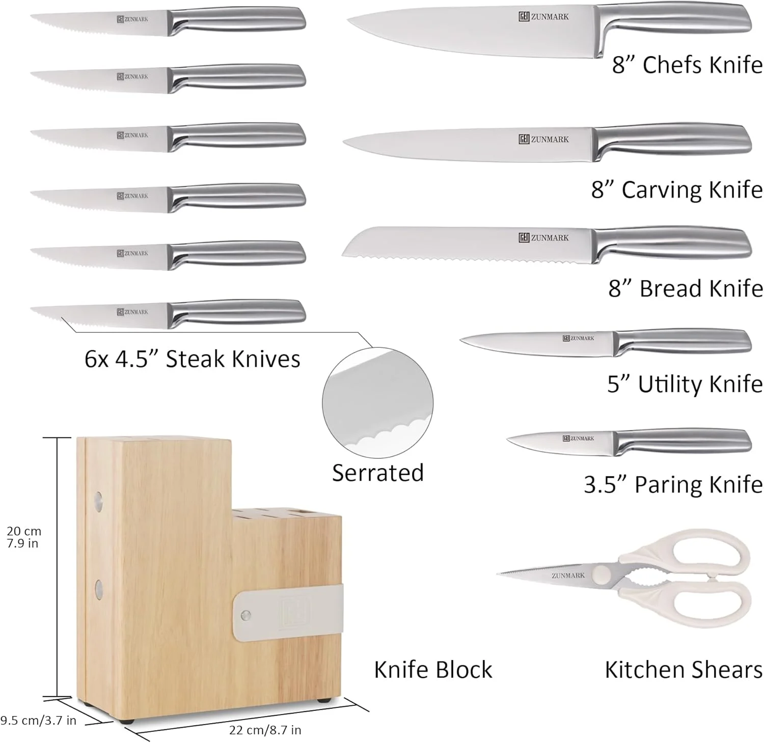 ست چاقوی حرفه ای 13 تکه ZUNMARK با بلوک مغناطیسی، ست چاقوی آشپزخانه تیز، ایده آل برای خانه و رستوران، نقره ای