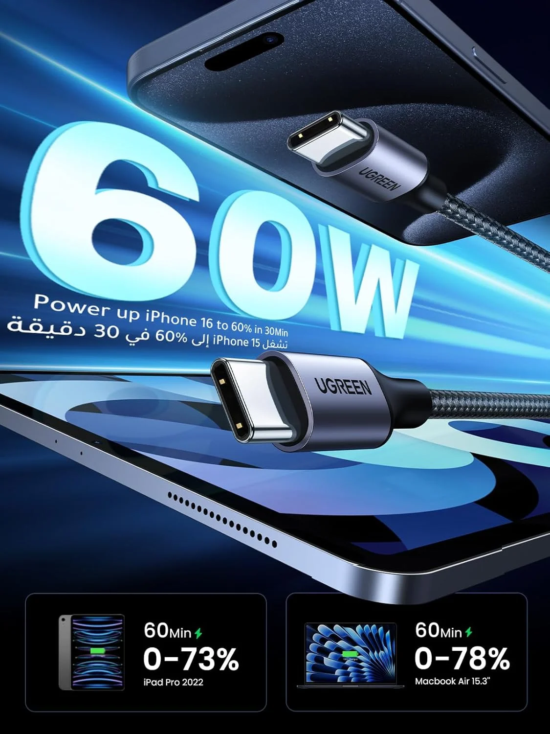 کابل USB C یوگرین 2 متری، کابل بافته شده نایلونی 60 واتی USB-C به Type c 2.0، شارژ سریع سازگار با iPhone 17/16/15 Pro Max، iPad/Air، MacBook Pro/Air، Galaxy S25 Ultra S24، Huawei P70، Xiaomi و غیره کابل USB C یوگرین 2 متری، کابل بافته شده نایلونی 60 واتی USB-C به Type c 2.0، شارژ سریع سازگار با iPhone 17/16/15 Pro Max، iPad/Air، MacBook Pro/Air، Galaxy S25 Ultra S24، Huawei P70، Xiaomi و غیره