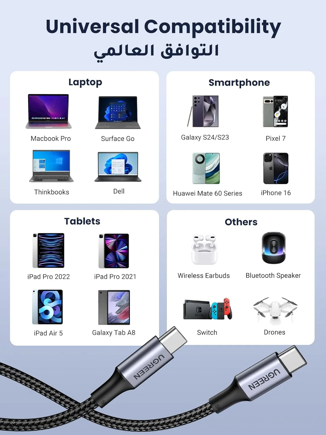 کابل USB C یوگرین 1 متری، کابل شارژ فوق سریع Power Delivery PD بافته شده 100 واتی USB C به Type-C برای آیفون 15/16/17 پرو مکس، آیپد مینی 7، مک بوک پرو، آیپد، سامسونگ S25 Ultra/S24/23/، هواوی P70 کابل USB C یوگرین 1 متری، کابل شارژ فوق سریع Power Delivery PD بافته شده 100 واتی USB C به Type-C برای آیفون 15/16/17 پرو مکس، آیپد مینی 7، مک بوک پرو، آیپد، سامسونگ S25 Ultra/S24/23/، هواوی P70