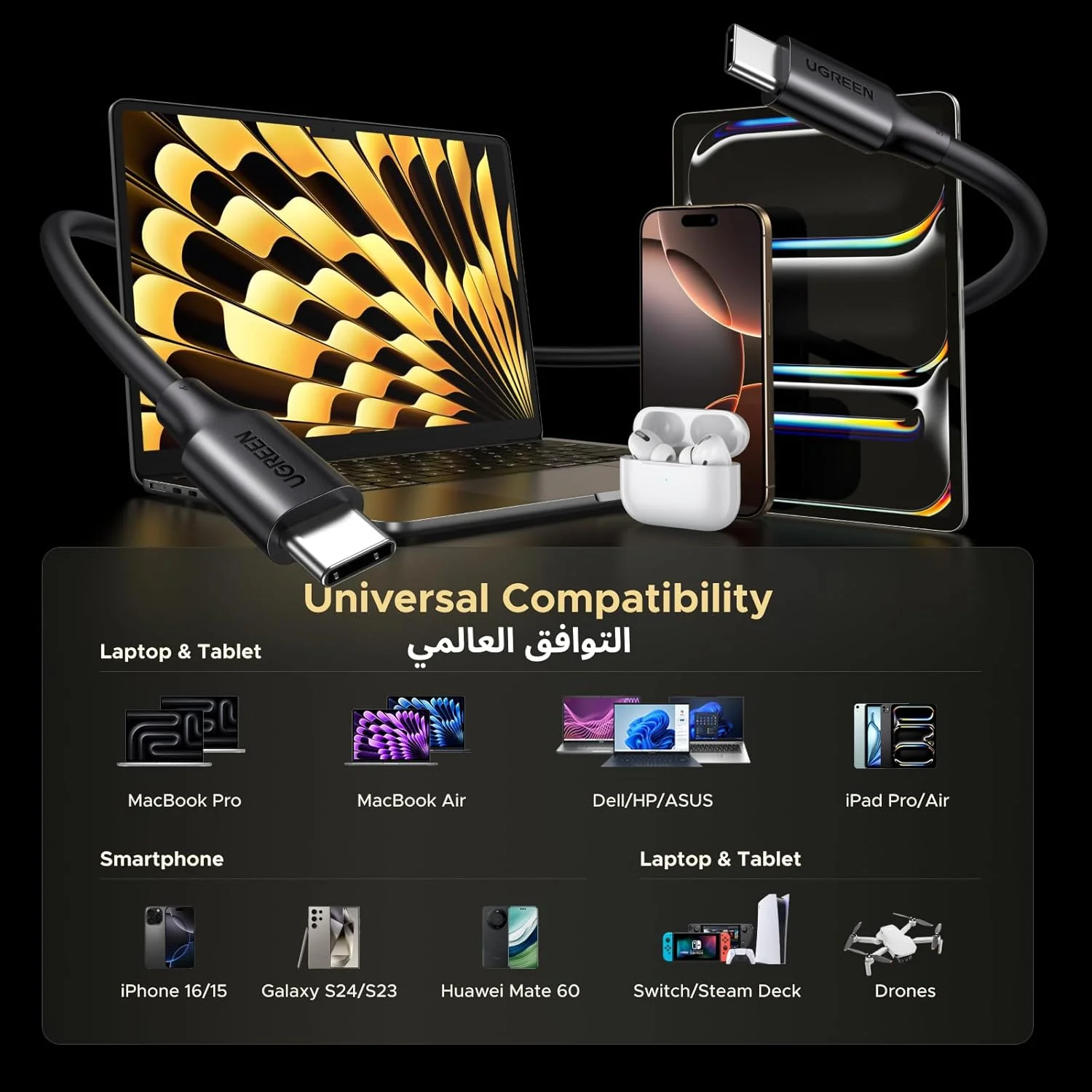 کابل USB C یوگرین 100W 1 متری، سیم شارژ نوع C پی وی سی PD شارژ سریع برای آیپد، مک بوک ایر/پرو، سامسونگ گلکسی S25 Ultra/24/23، پیکسل، سوییچ، شارژر USB کابل USB C یوگرین 100W 1 متری، سیم شارژ نوع C پی وی سی PD شارژ سریع برای آیپد، مک بوک ایر/پرو، سامسونگ گلکسی S25 Ultra/24/23، پیکسل، سوییچ، شارژر USB