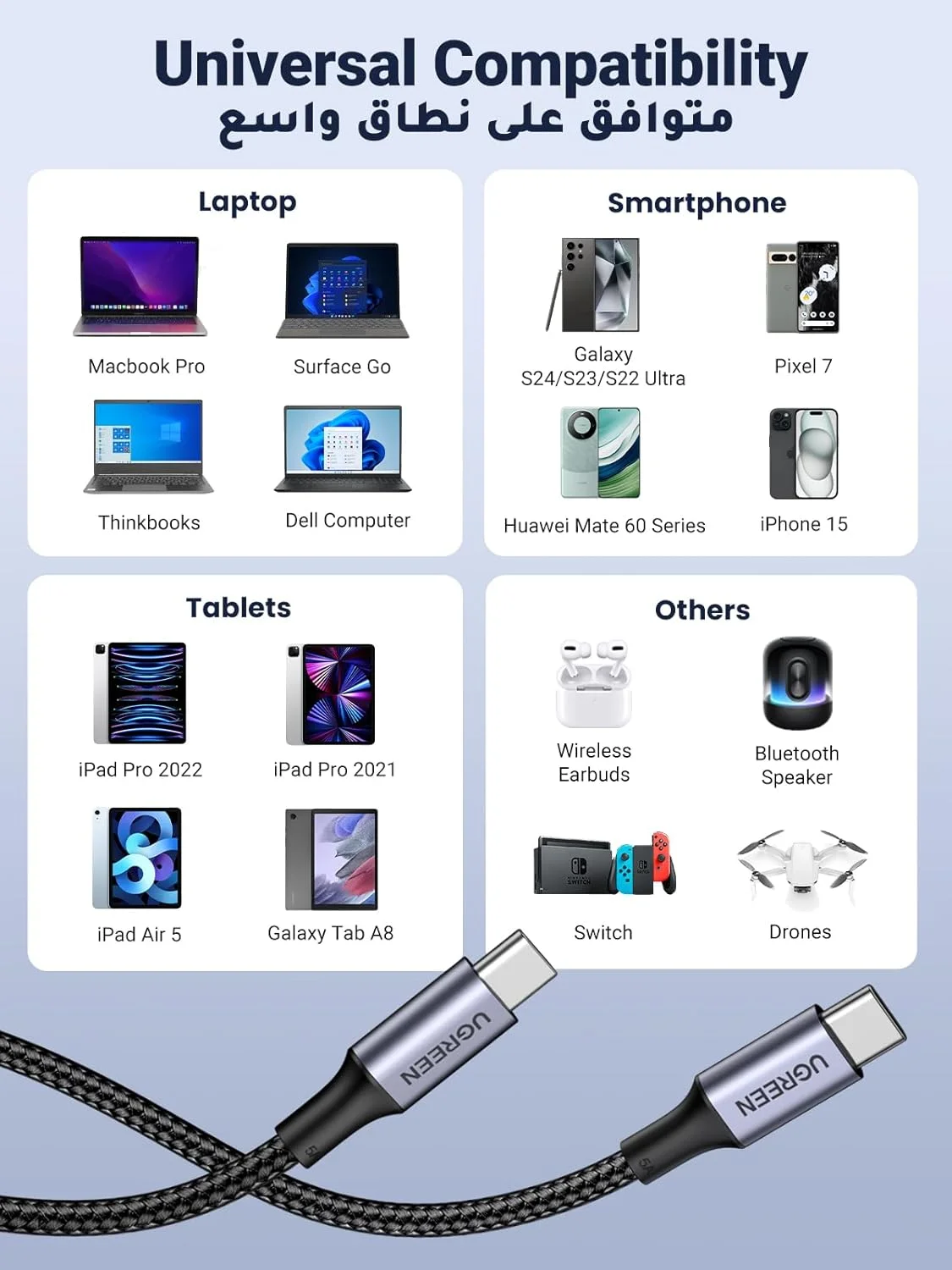 کابل 2 در 1 UGREEN Type C به طول 1.5 متر، کابل شارژ سریع 100 وات 5 آمپر، کابل شارژر سریع USB C نر به C نر بافته شده سازگار با Samsung S24، iPhone 16 Pro Max، MacBook/iPad Pro، Google Pixel - مشکی کابل 2 در 1 UGREEN Type C به طول 1.5 متر، کابل شارژ سریع 100 وات 5 آمپر، کابل شارژر سریع USB C نر به C نر بافته شده سازگار با Samsung S24، iPhone 16 Pro Max، MacBook/iPad Pro، Google Pixel - مشکی